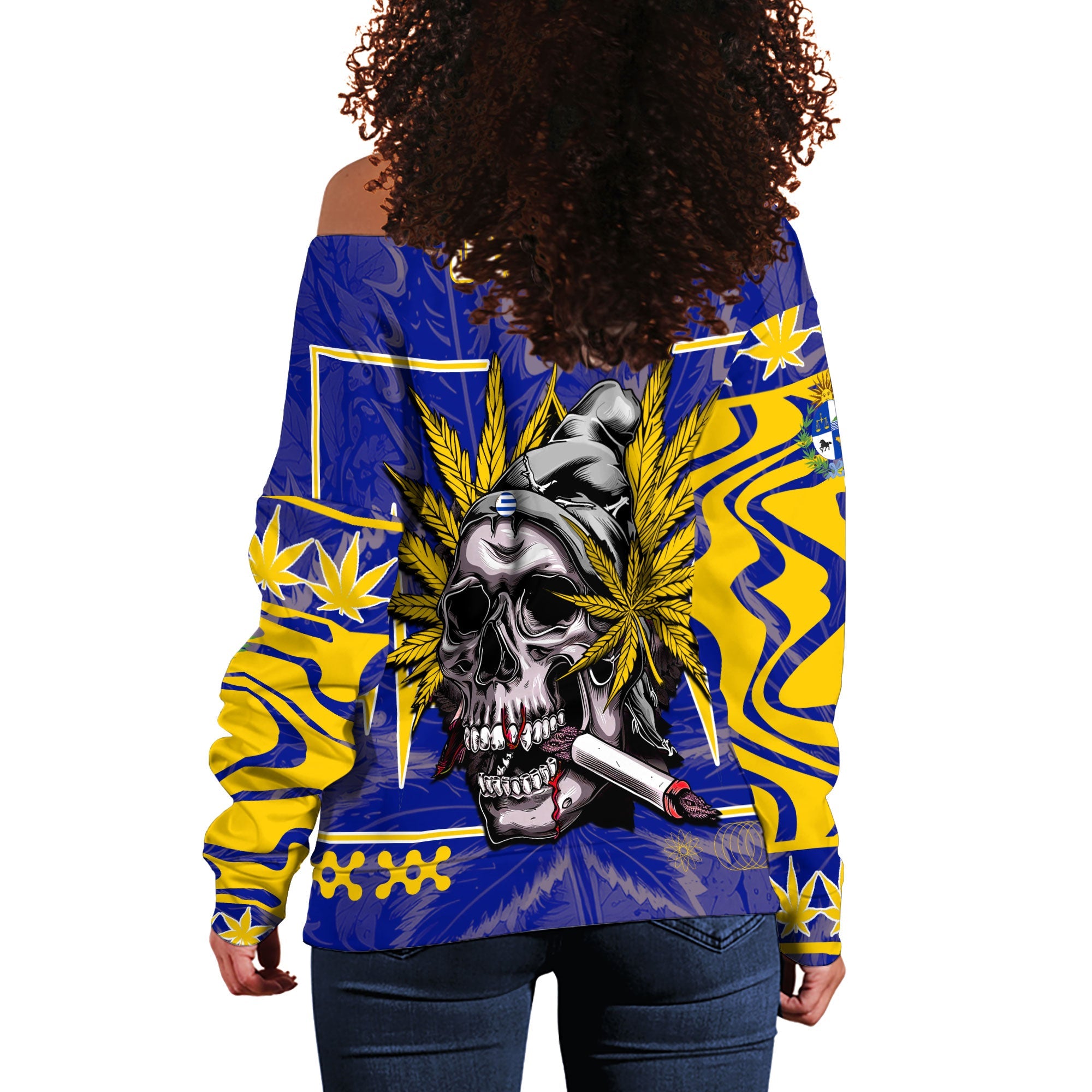 Uruguay Women Off Shoulder Sweatshirt Flag & Coat Of Arms Marijuanas Style