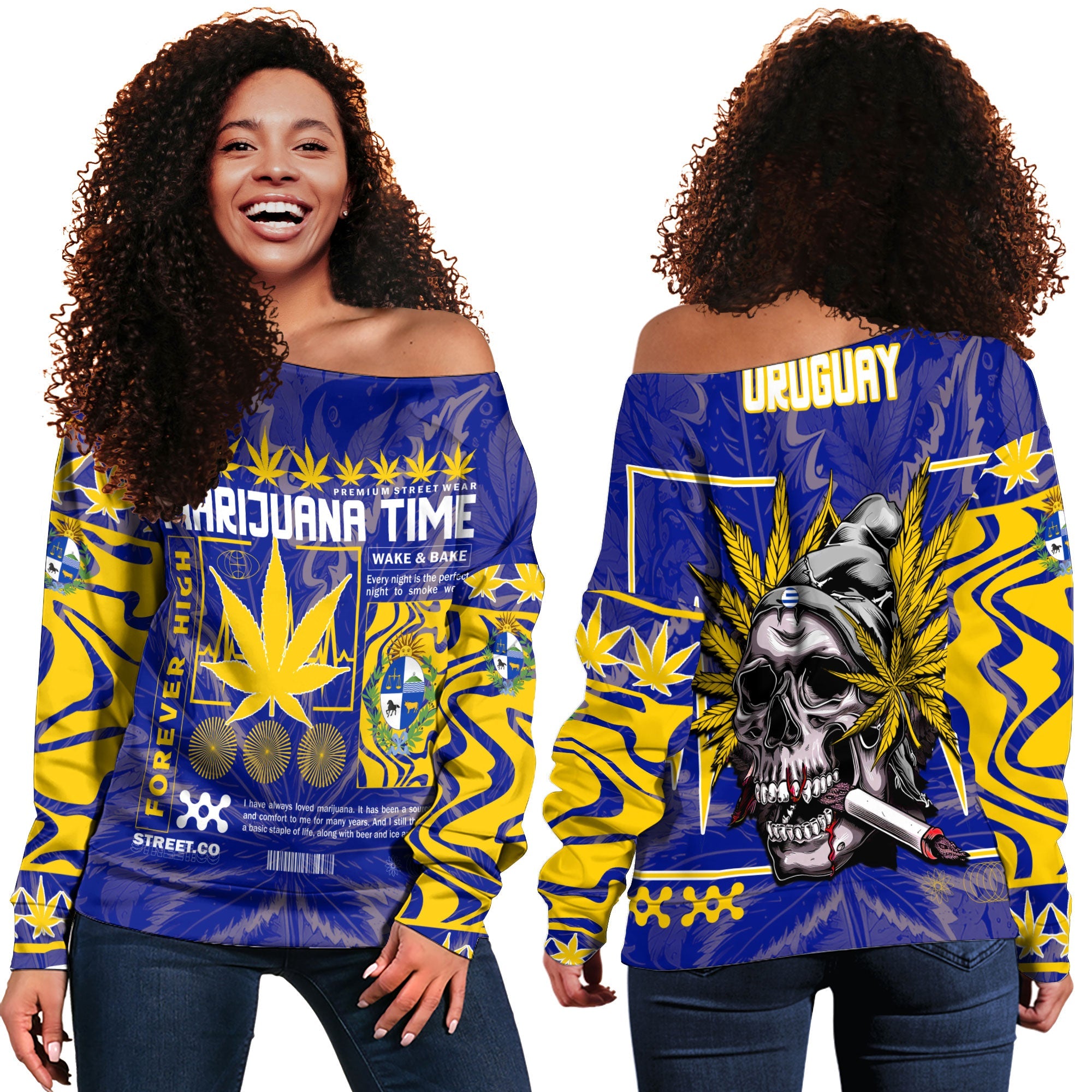 Uruguay Women Off Shoulder Sweatshirt Flag & Coat Of Arms Marijuanas Style