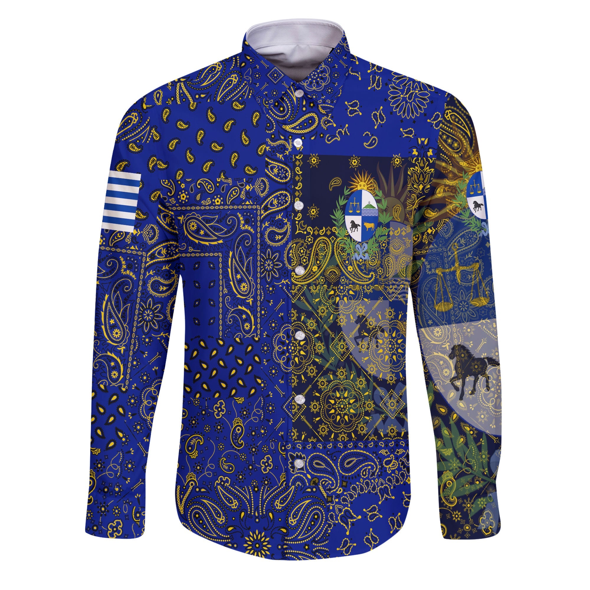 Uruguay Long Sleeve Button Shirt Paisley Flag And Skull Style 1