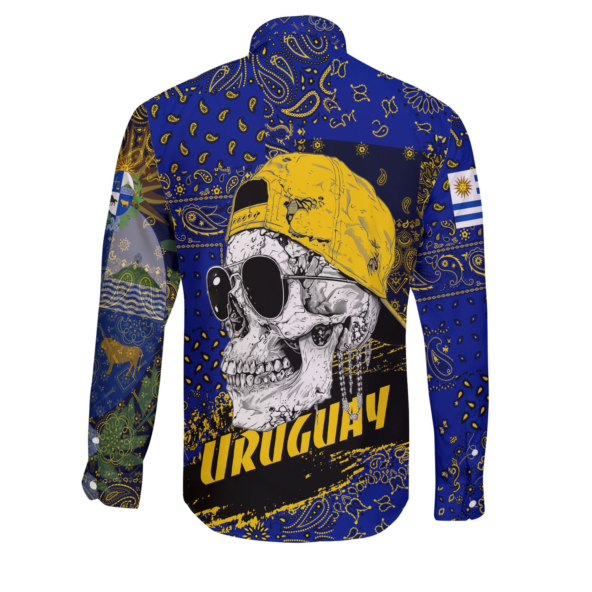 Uruguay Long Sleeve Button Shirt Paisley Flag And Skull Style 2