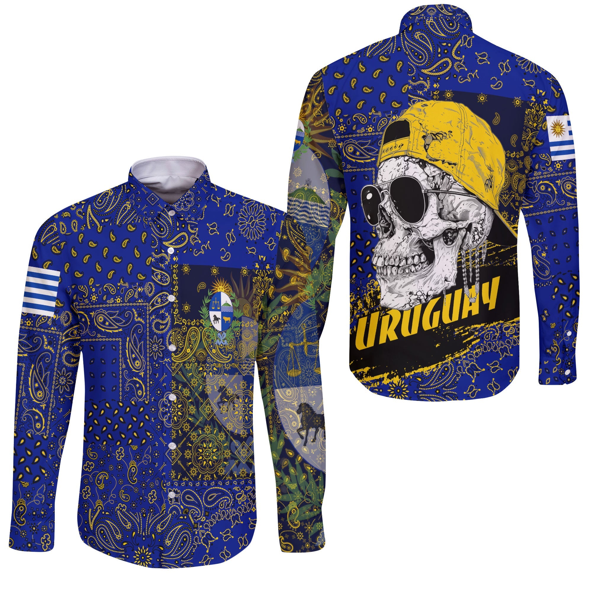 Uruguay Long Sleeve Button Shirt Paisley Flag And Skull Style 3