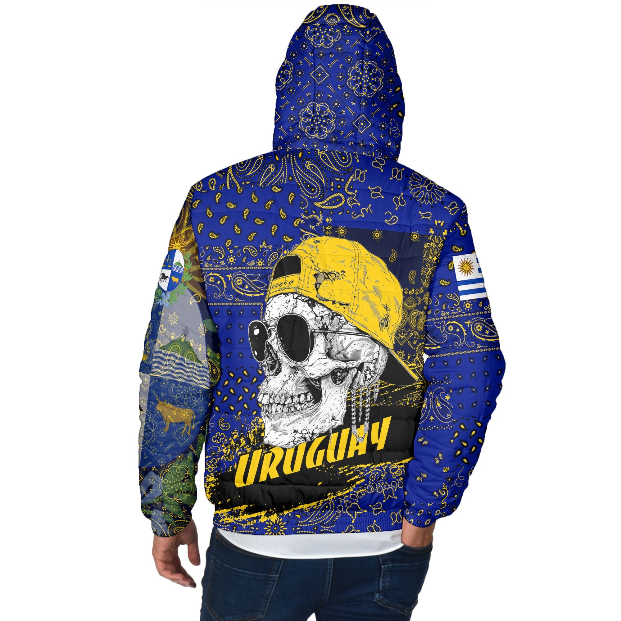 Uruguay Men Hooded Padded Jacket Paisley Flag And Skull Style 3