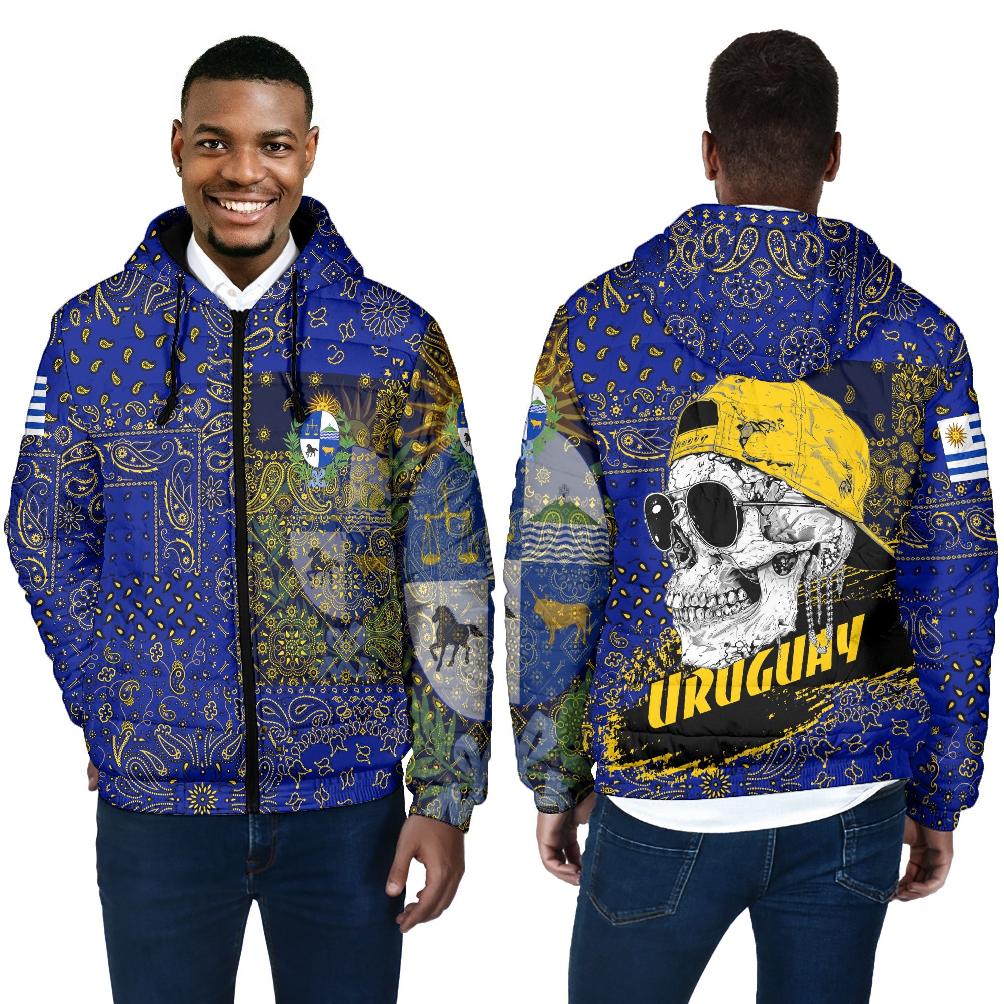 Uruguay Men Hooded Padded Jacket Paisley Flag And Skull Style 4