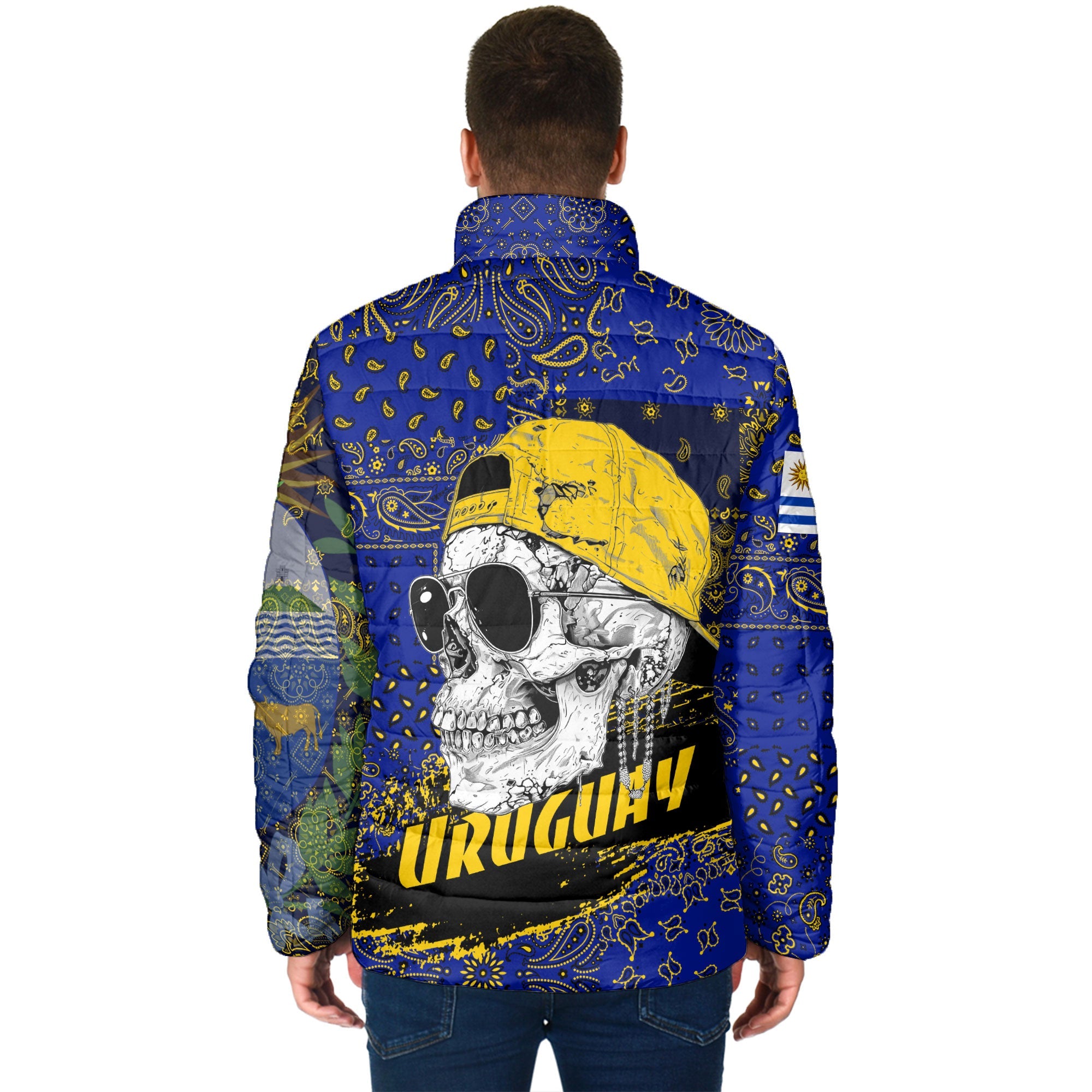 Uruguay Men Padded Jacket Paisley Flag And Skull Style 2