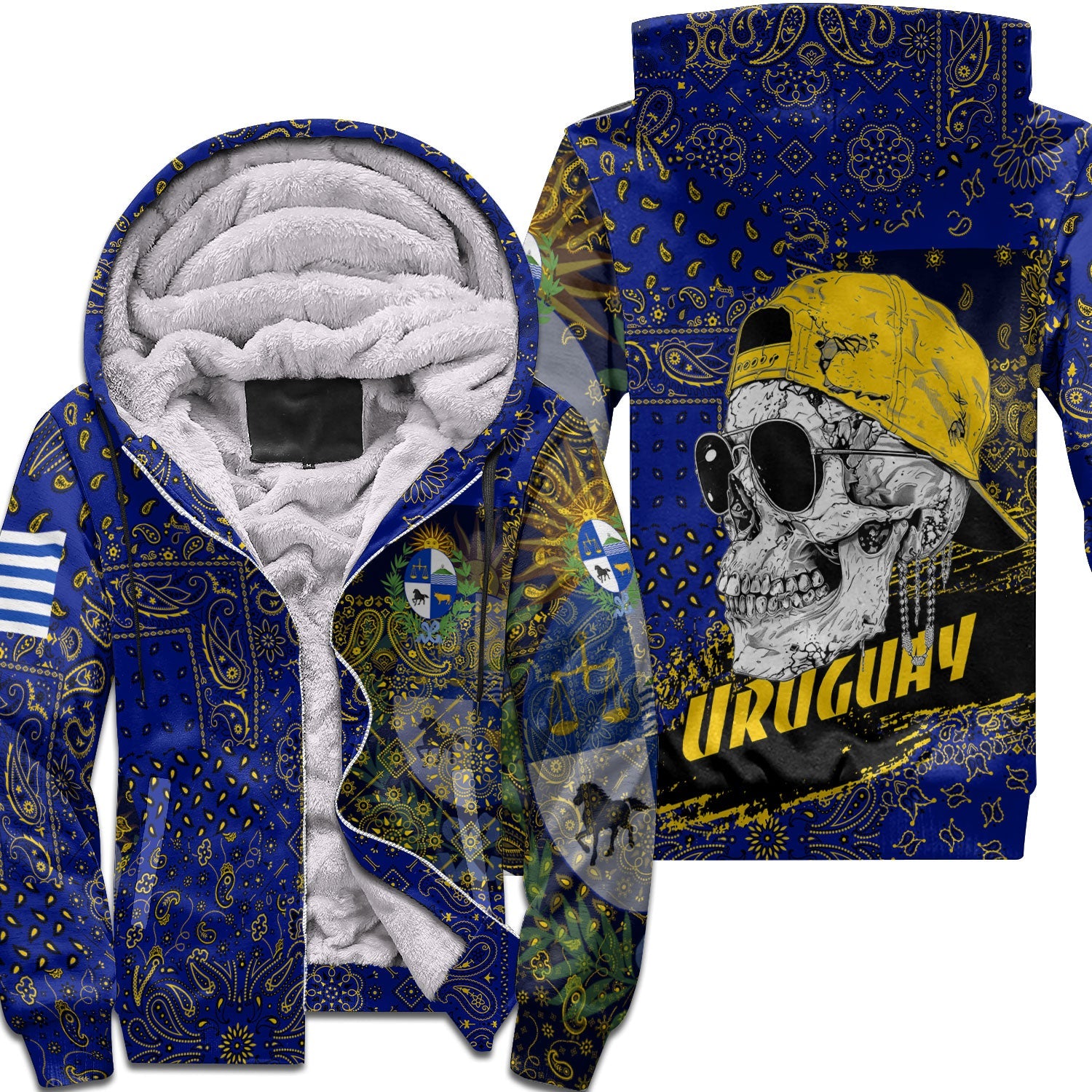 Uruguay Sherpa Hoodie Paisley Flag And Skull Style 1