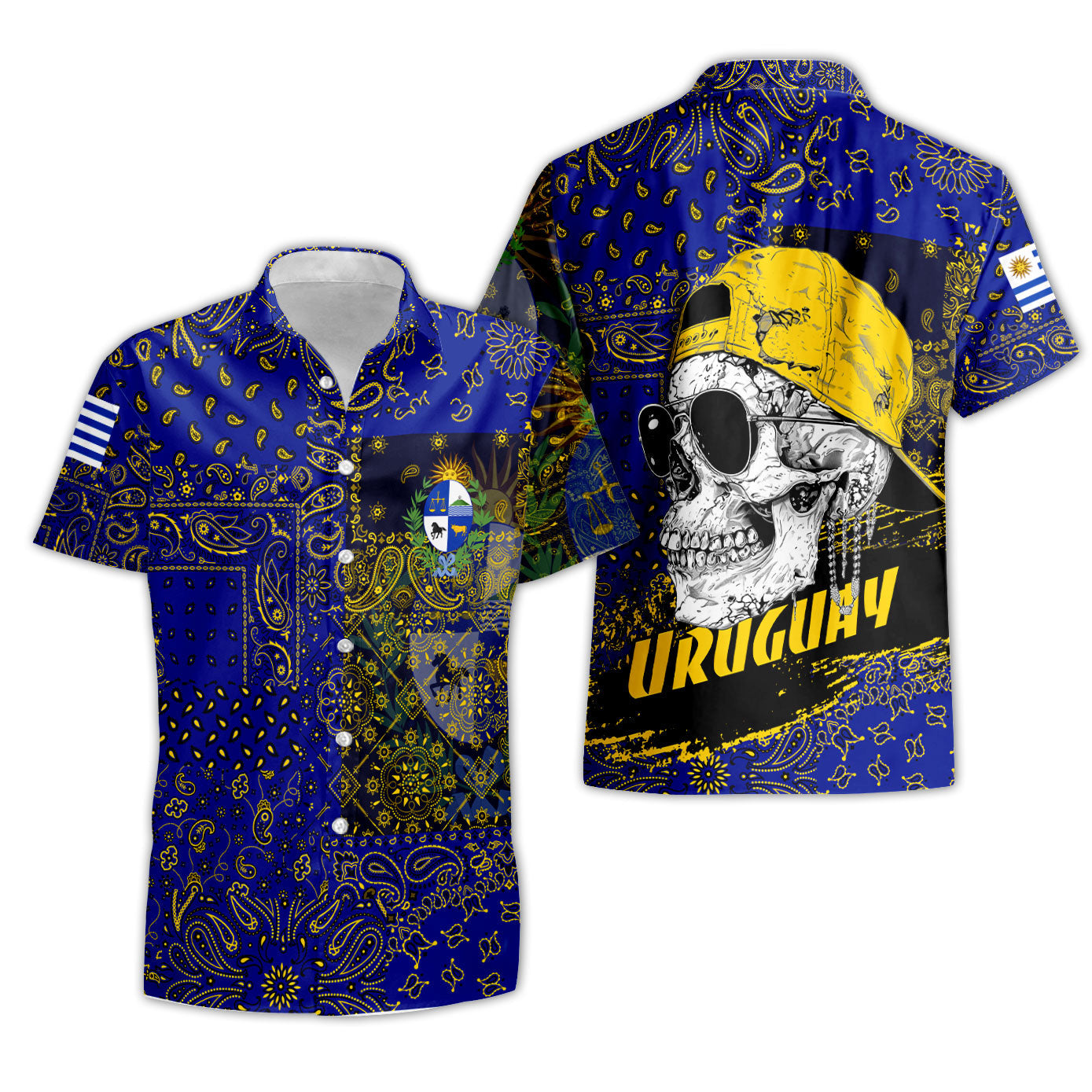 Uruguay Short Sleeve Shirt Paisley Flag And Skull Style 3