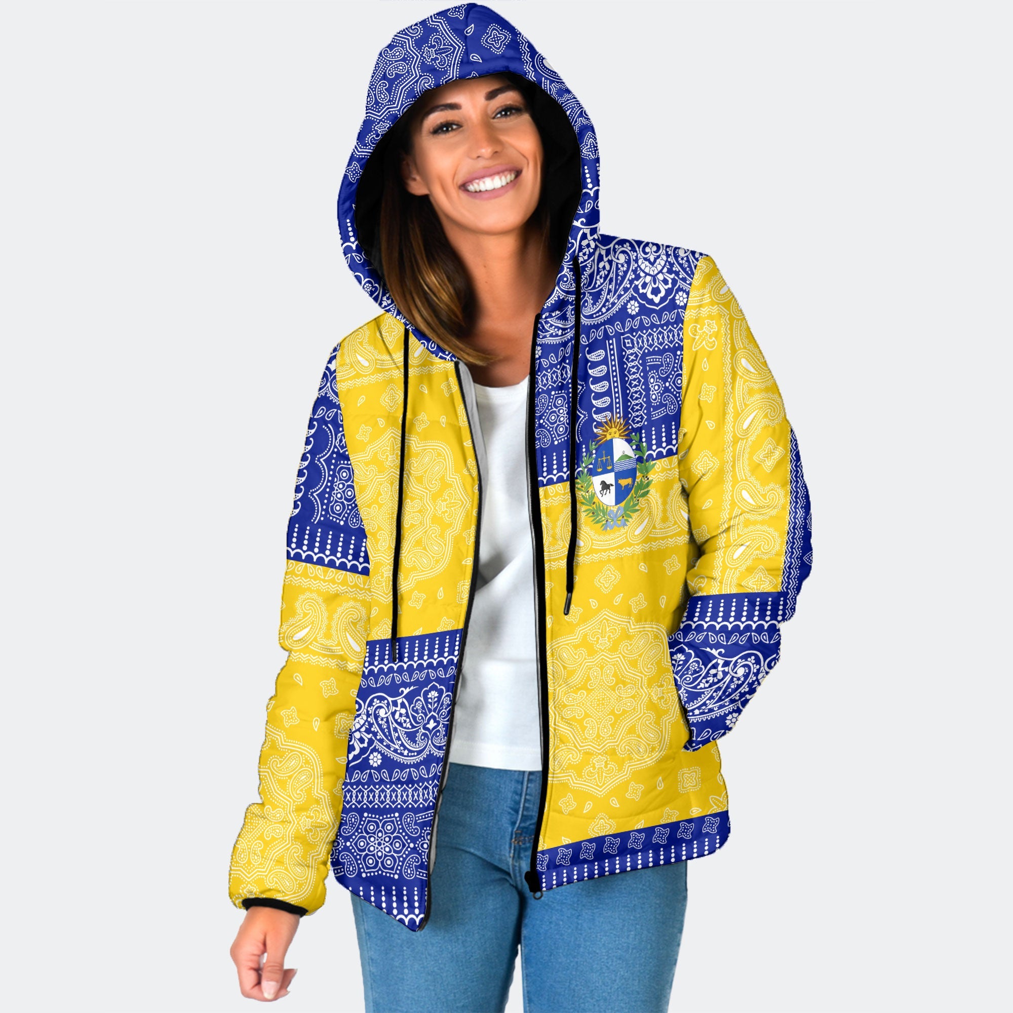 Uruguay Women Hooded Padded Jacket Flag And Paisley Basic Style 1