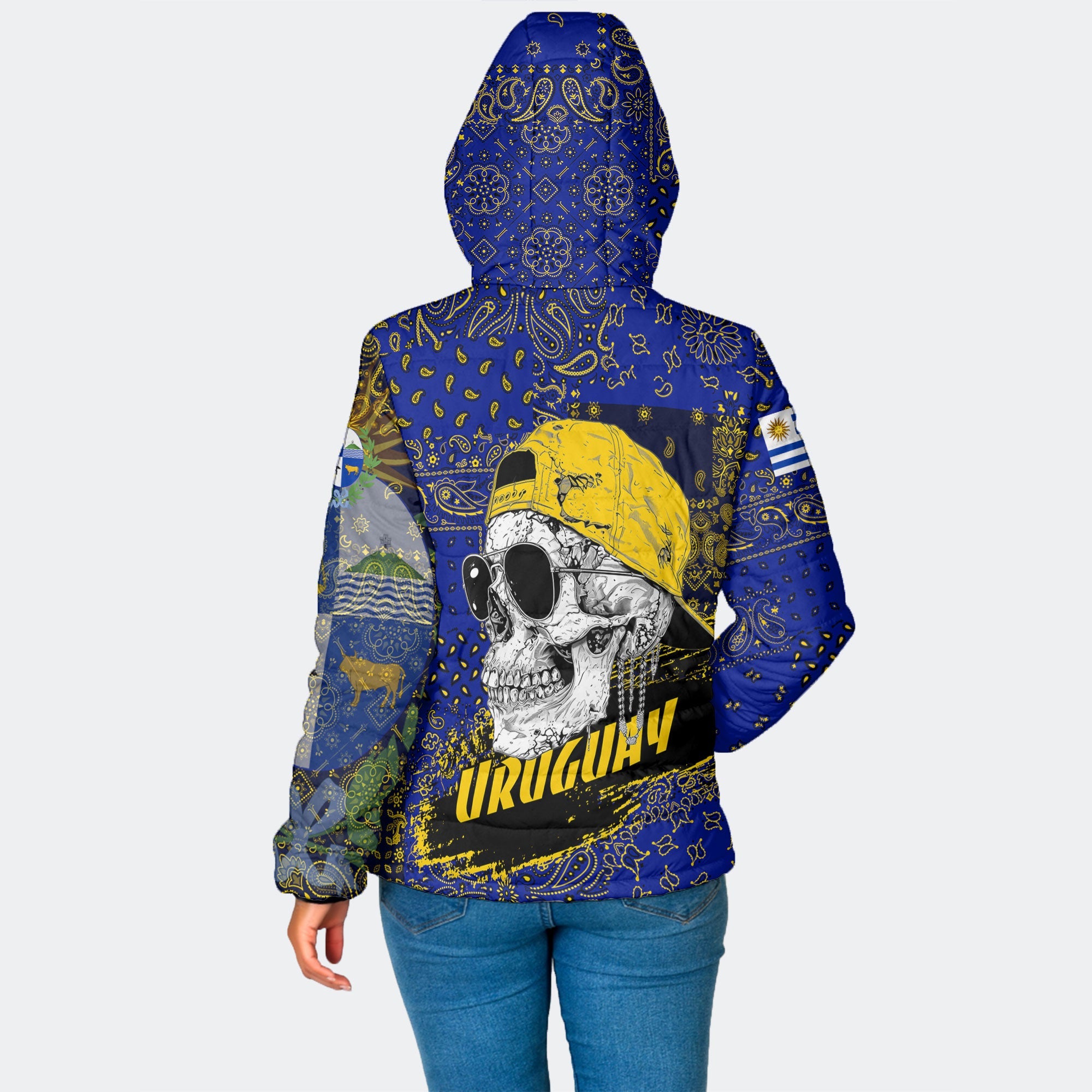 Uruguay Women Hooded Padded Jacket Paisley Flag And Skull Style 2