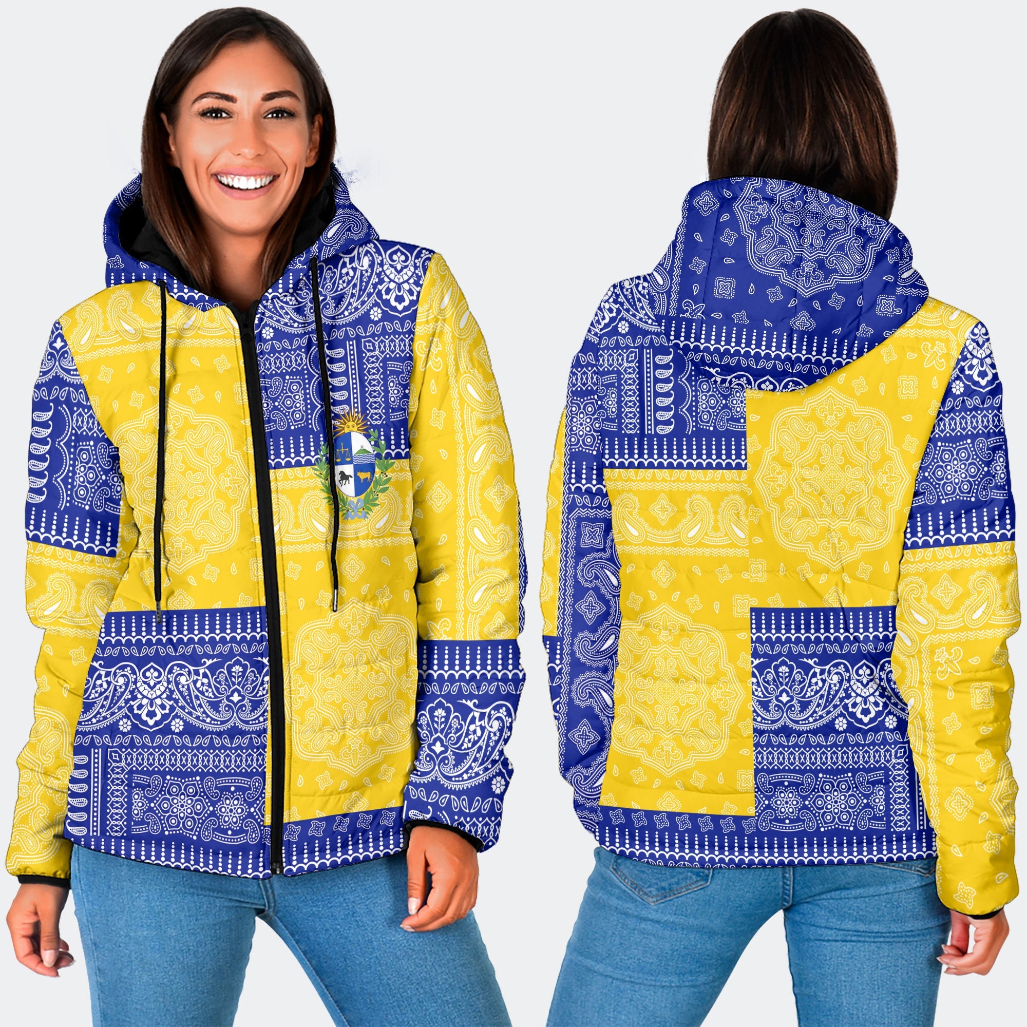 Uruguay Women Hooded Padded Jacket Flag And Paisley Basic Style 3