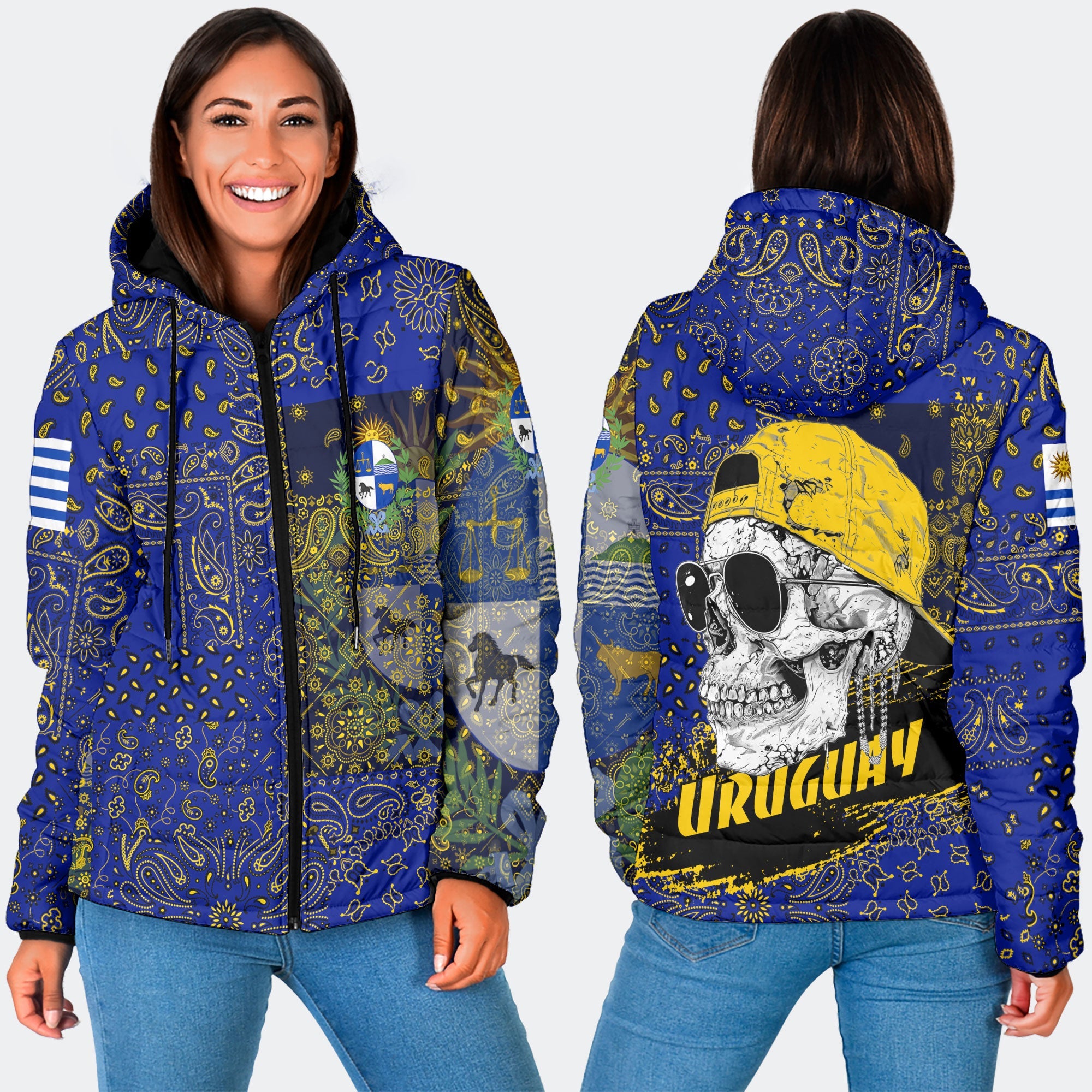 Uruguay Women Hooded Padded Jacket Paisley Flag And Skull Style 3