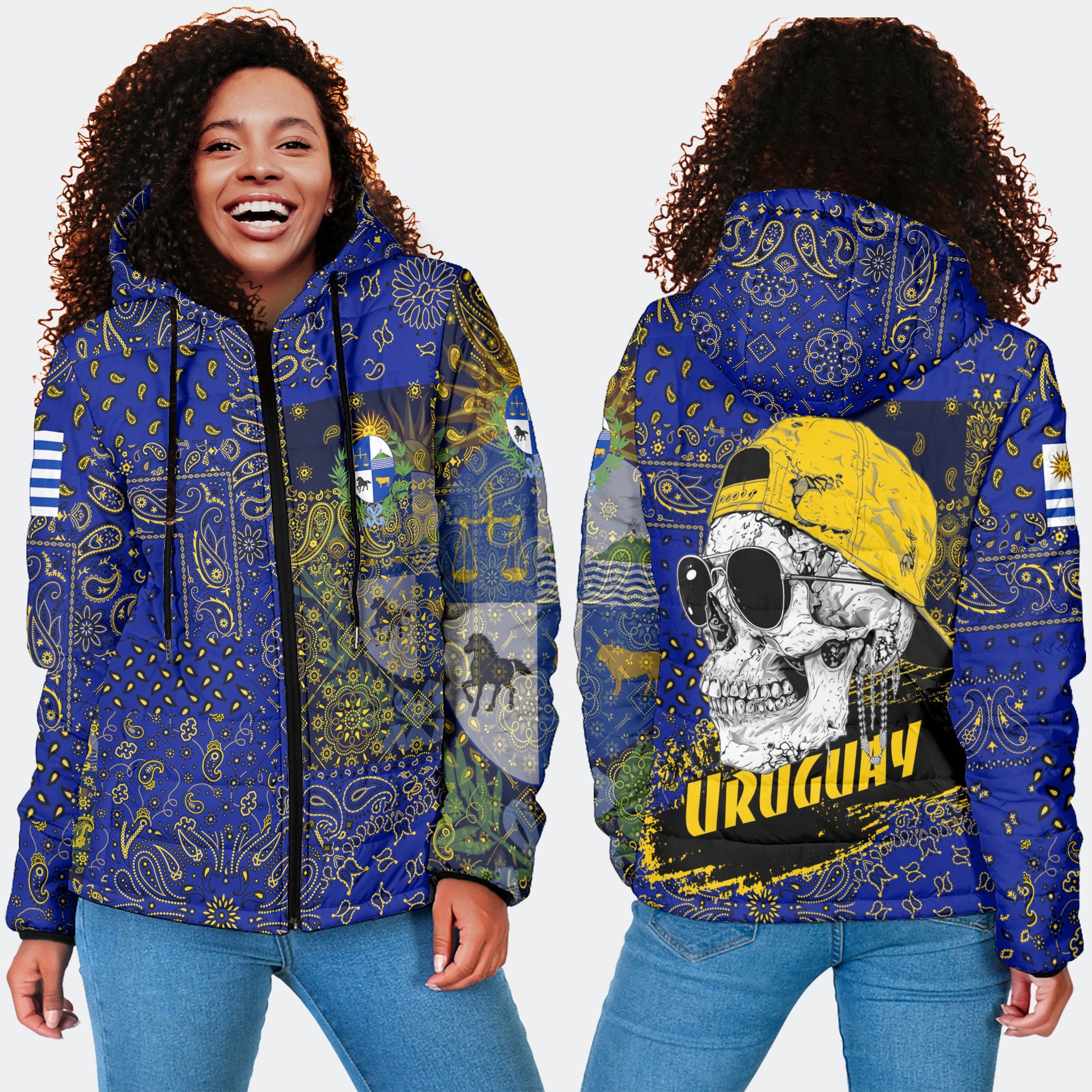 Uruguay Women Hooded Padded Jacket Paisley Flag And Skull Style 4