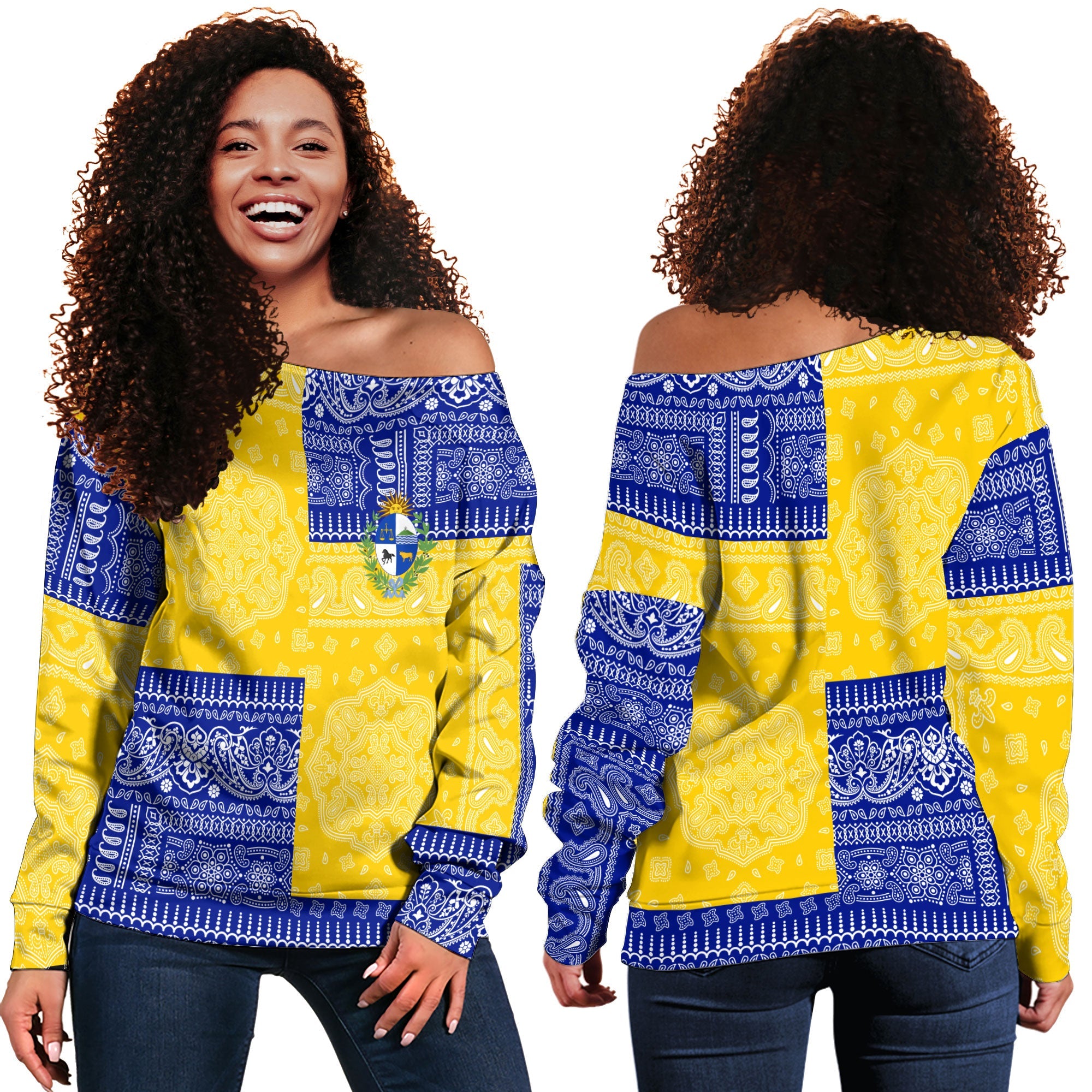 Uruguay Women Off Shoulder Sweatshirt Flag And Paisley Basic Style 1