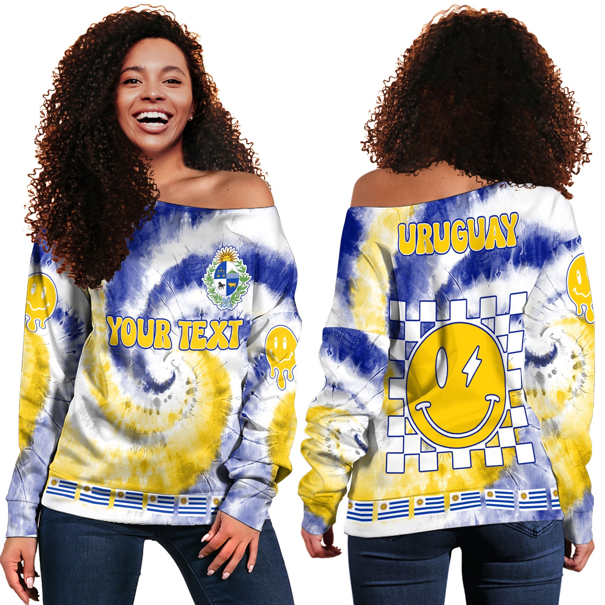 Uruguay Women Off Shoulder Sweatshirt Custom Tie Dye Style 2