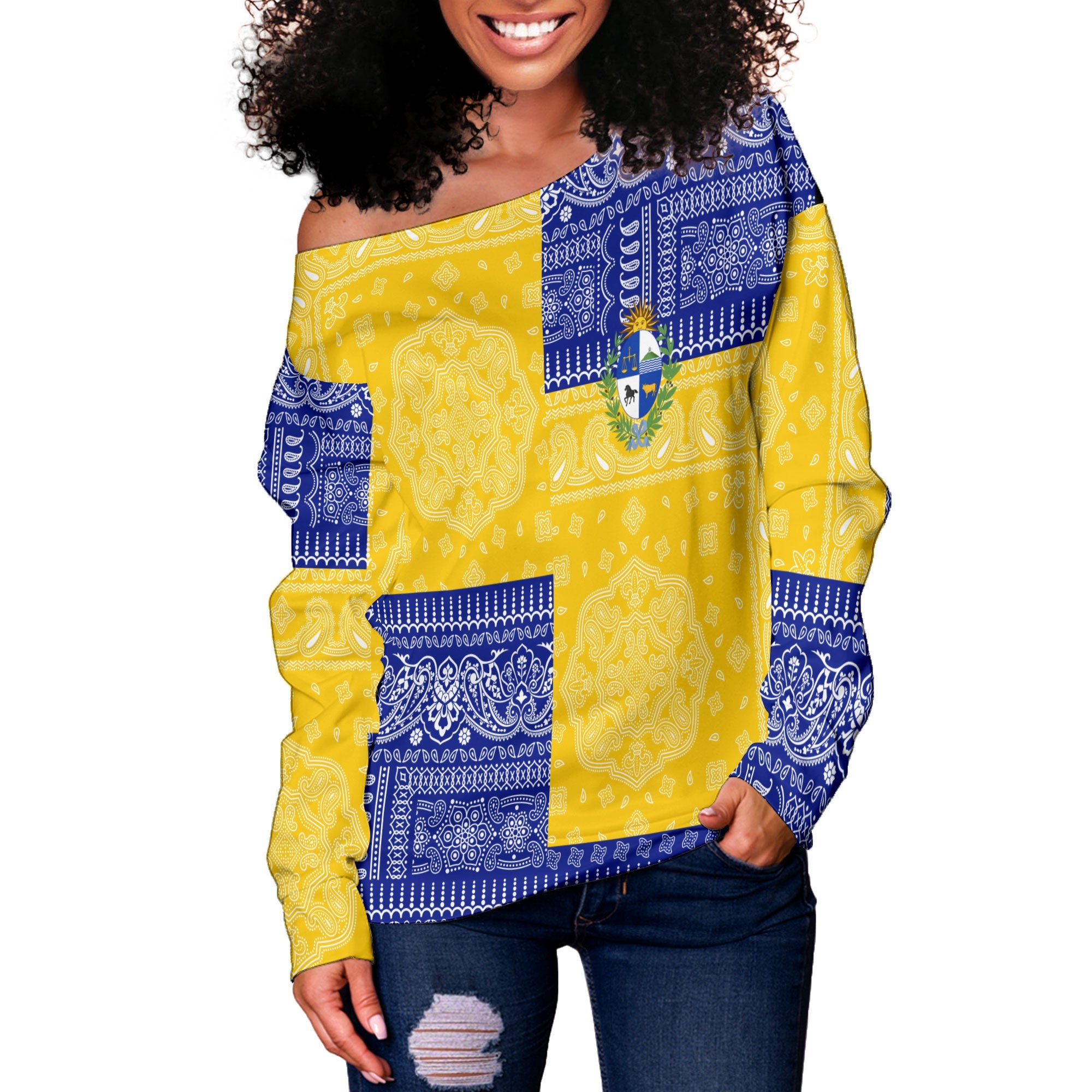 Uruguay Women Off Shoulder Sweatshirt Flag And Paisley Basic Style 2