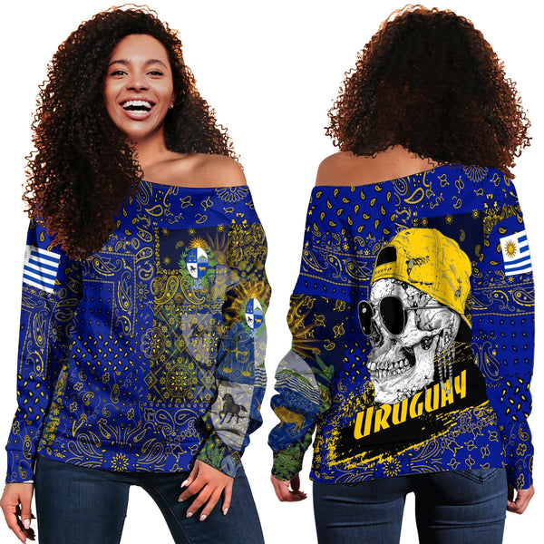 Uruguay Women Off Shoulder Sweatshirt Paisley Flag And Skull Style 1