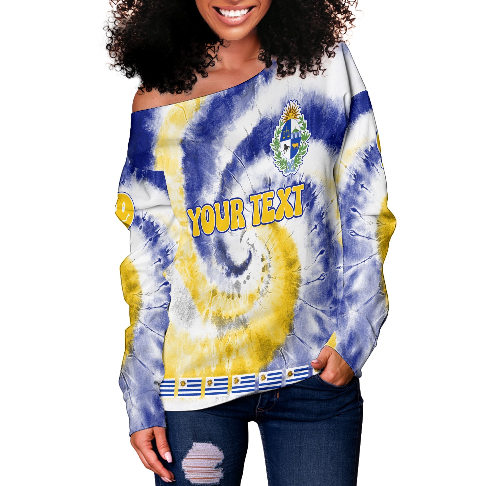 Uruguay Women Off Shoulder Sweatshirt Custom Tie Dye Style 3