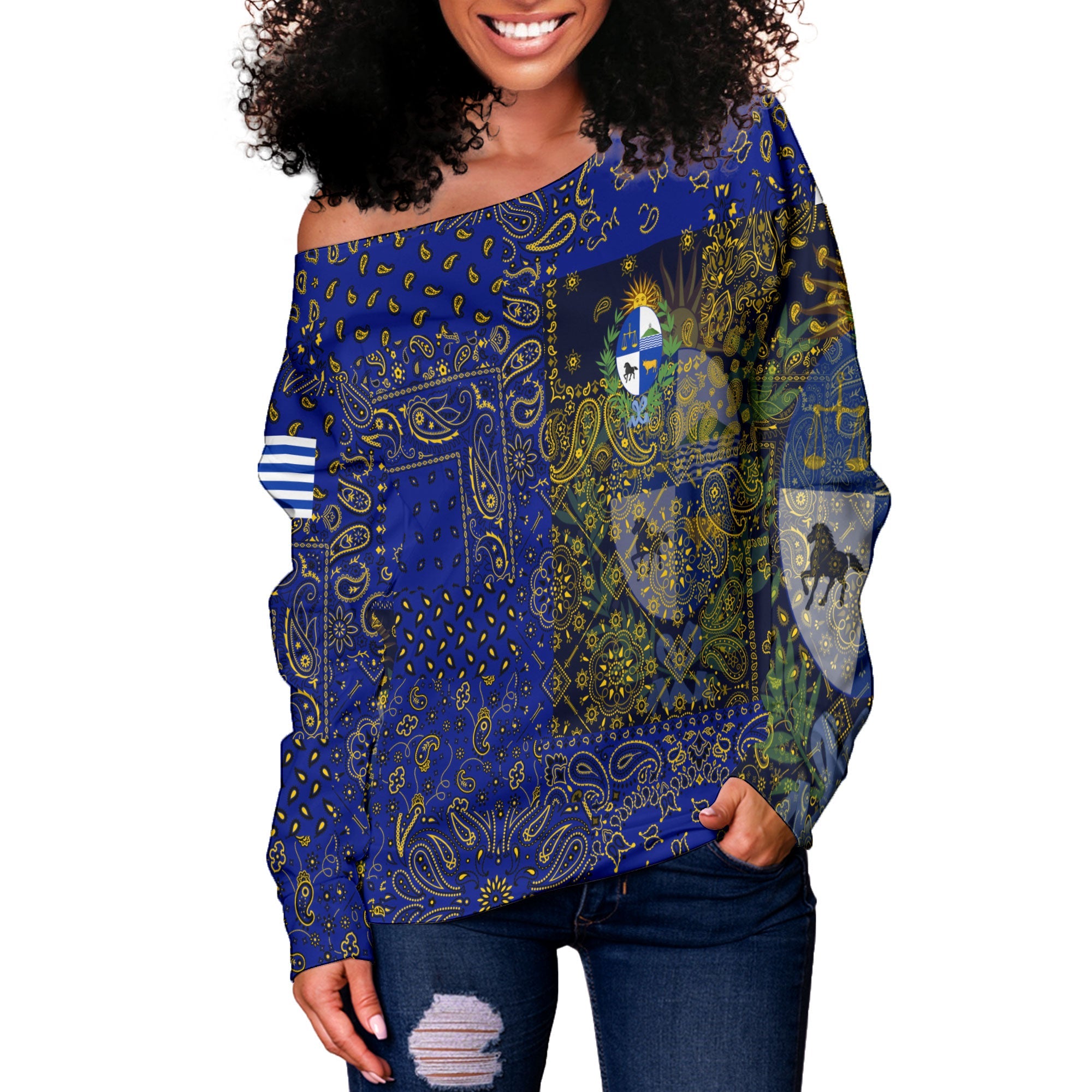 Uruguay Women Off Shoulder Sweatshirt Paisley Flag And Skull Style 2