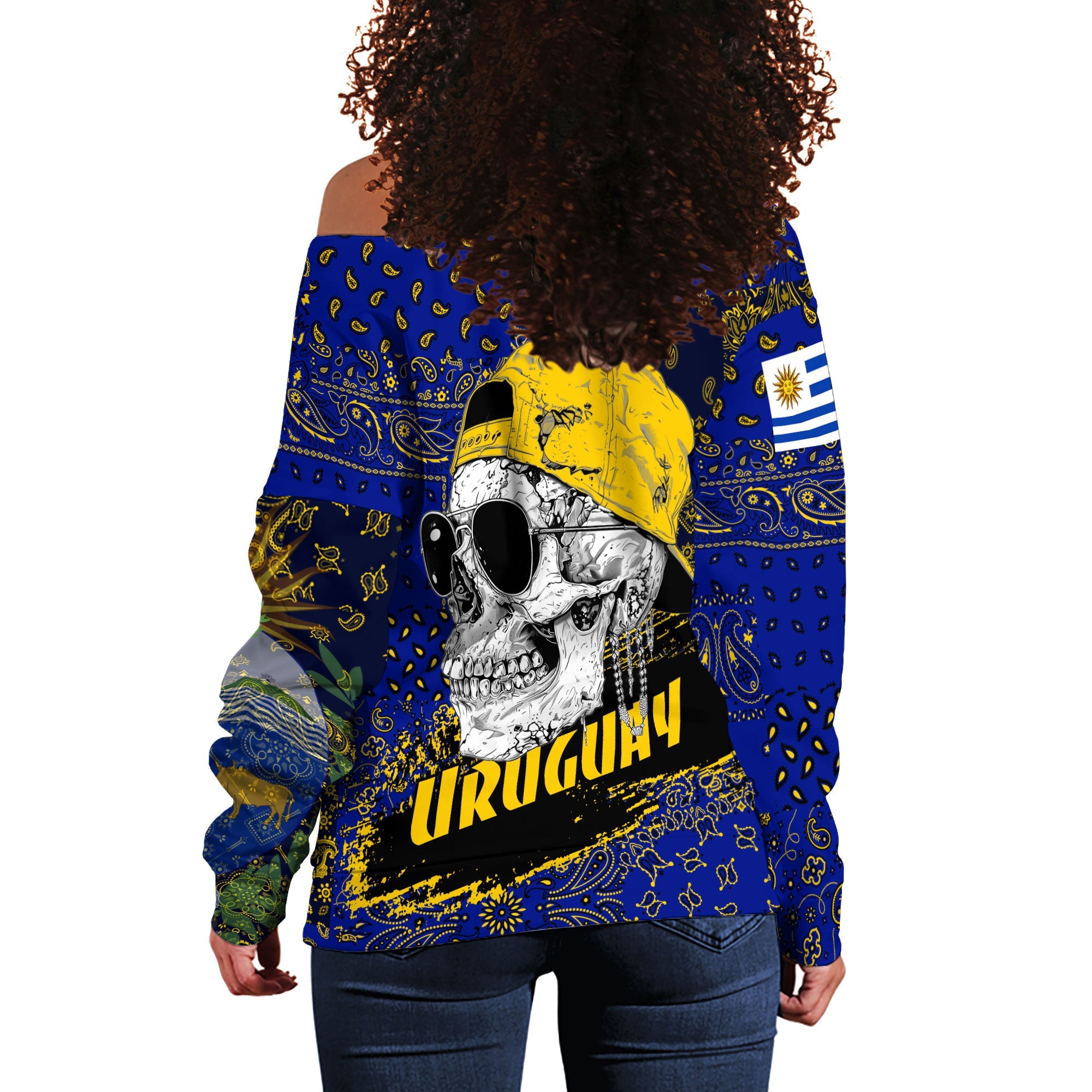 Uruguay Women Off Shoulder Sweatshirt Paisley Flag And Skull Style 3