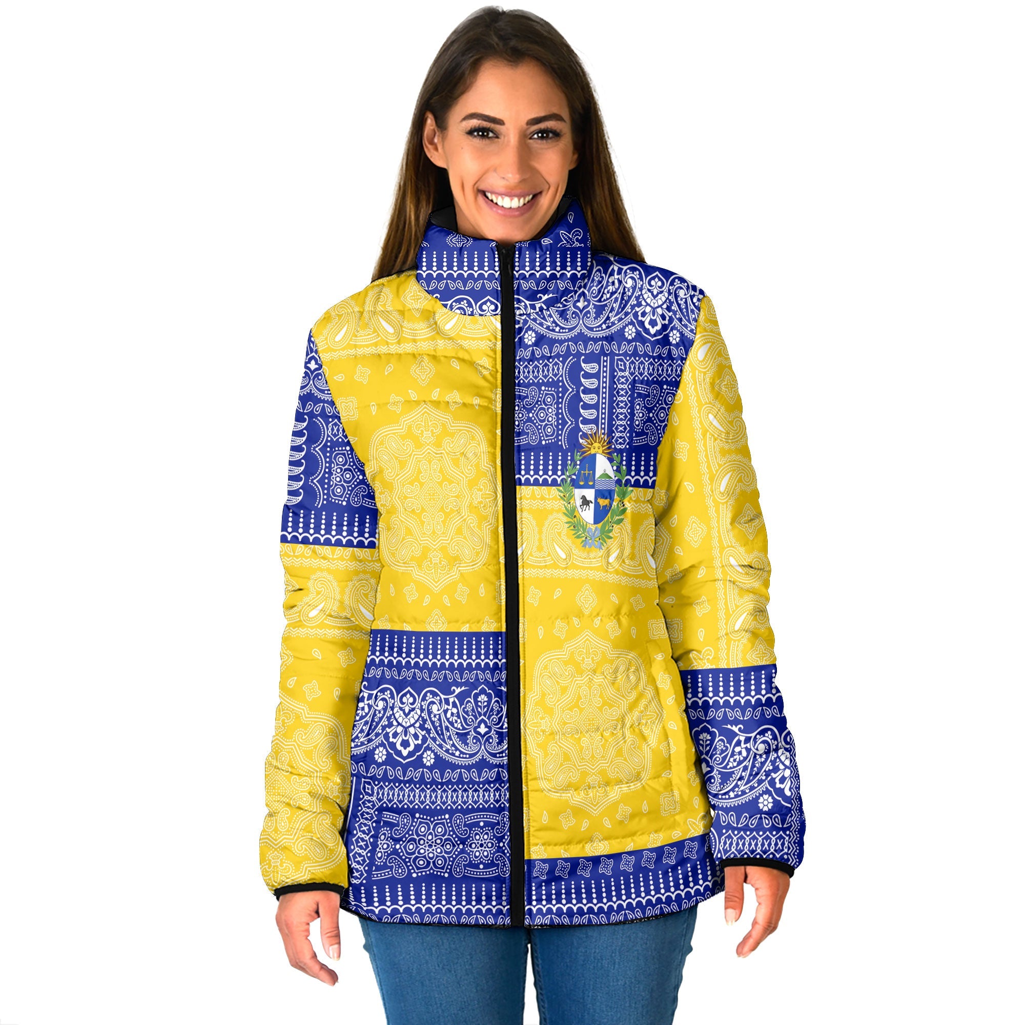 Uruguay Women Padded Jacket Flag And Paisley Basic Style 1