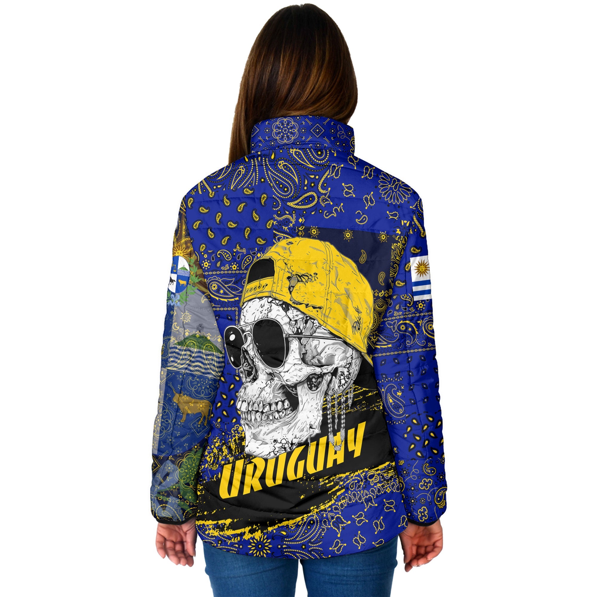 Uruguay Women Padded Jacket Paisley Flag And Skull Style 2