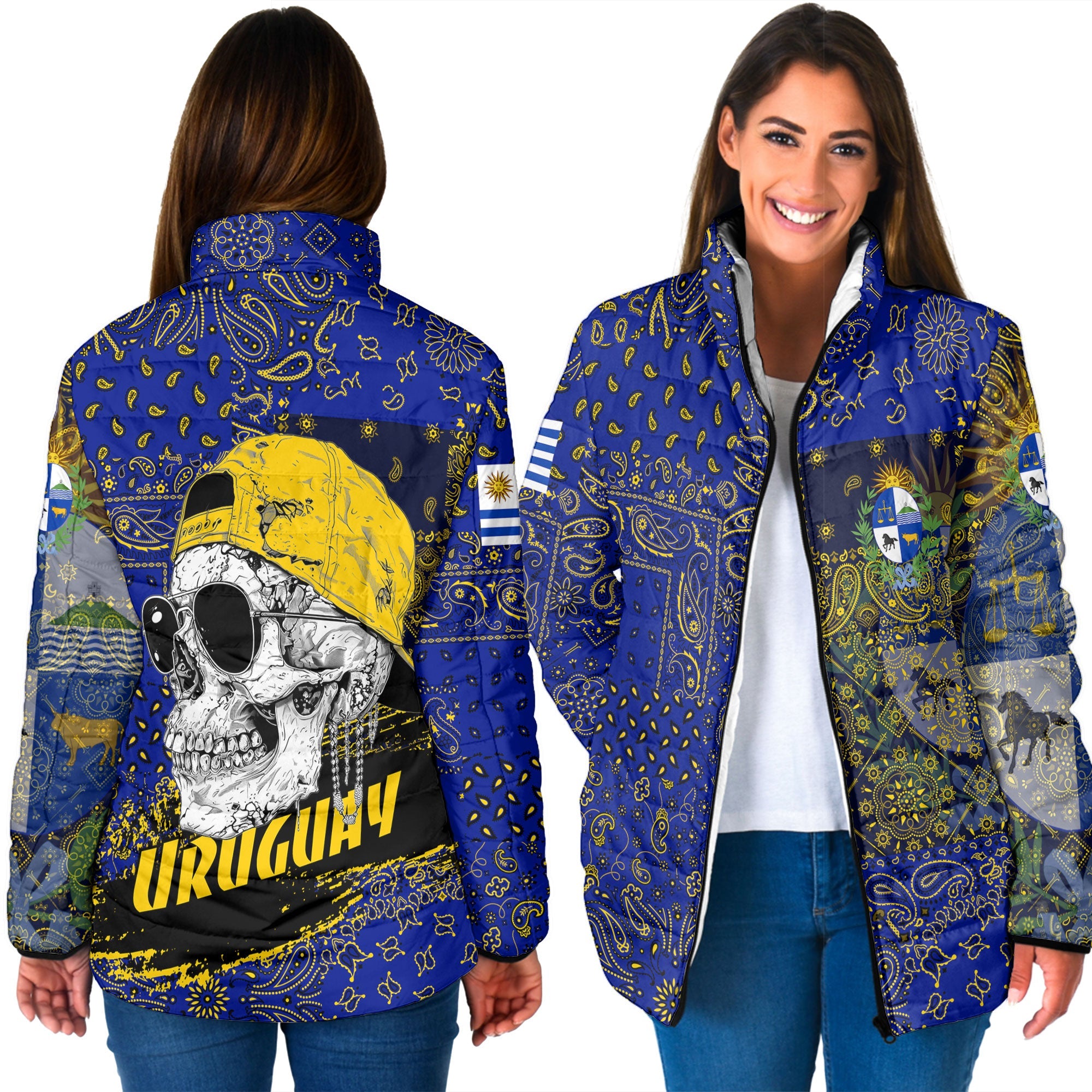 Uruguay Women Padded Jacket Paisley Flag And Skull Style 3