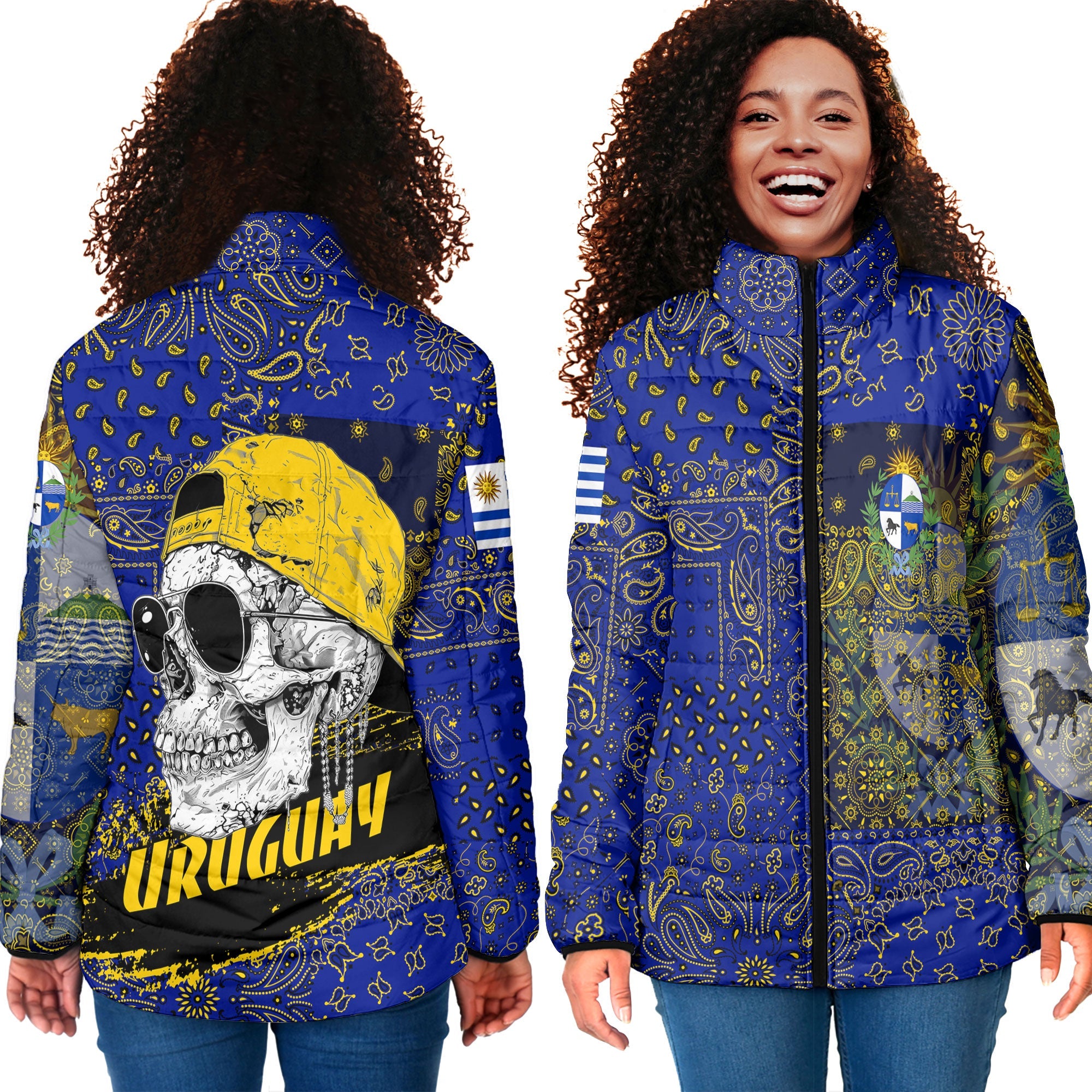 Uruguay Women Padded Jacket Paisley Flag And Skull Style 4