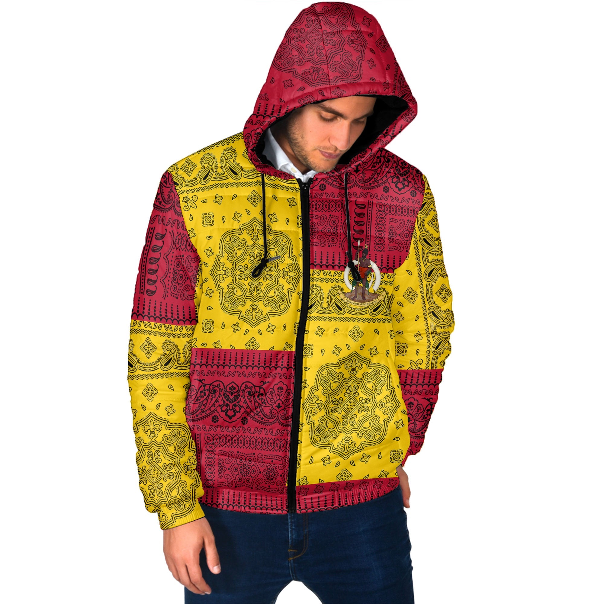 Vanuatu Men Hooded Padded Jacket Flag And Paisley Basic Style 2