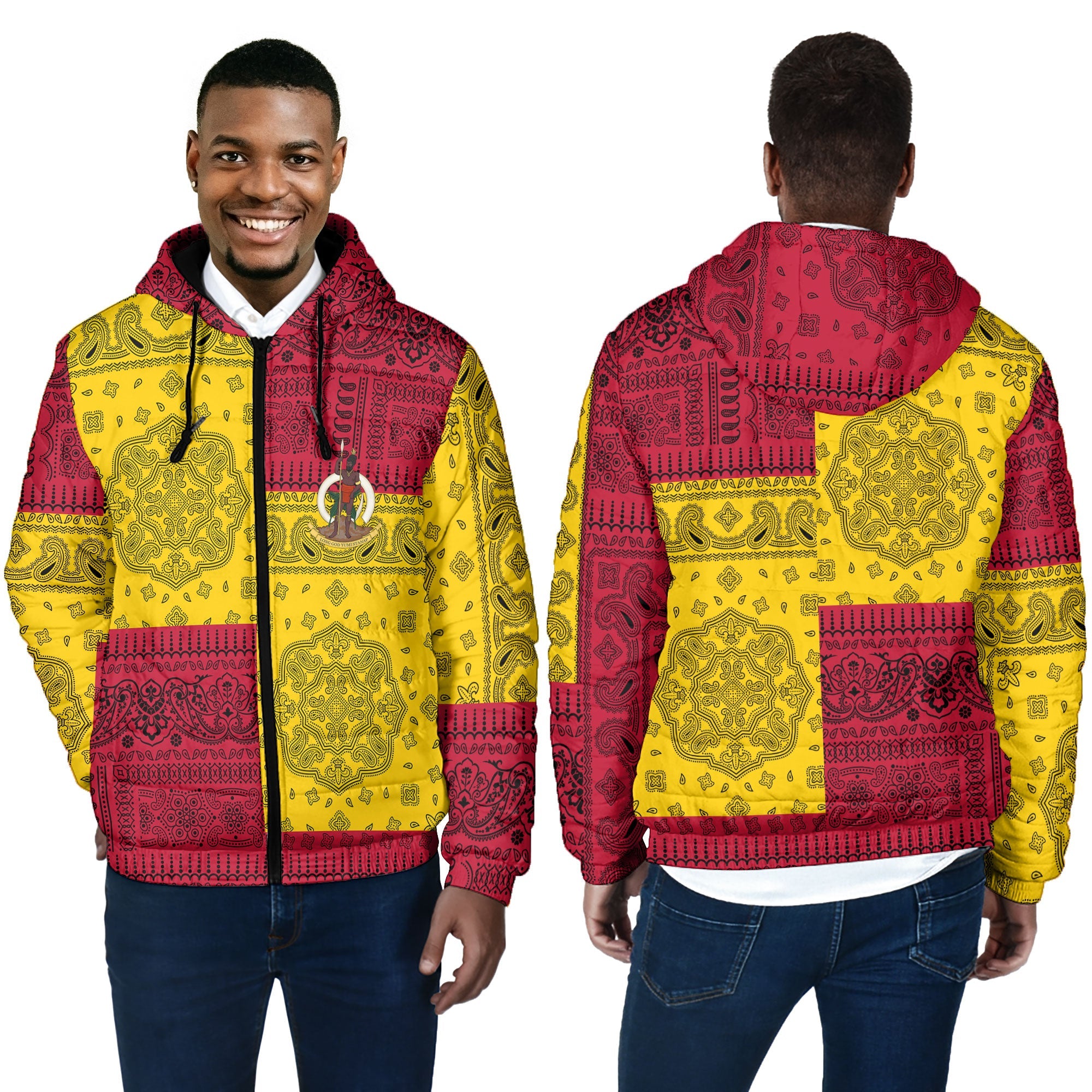 Vanuatu Men Hooded Padded Jacket Flag And Paisley Basic Style 4