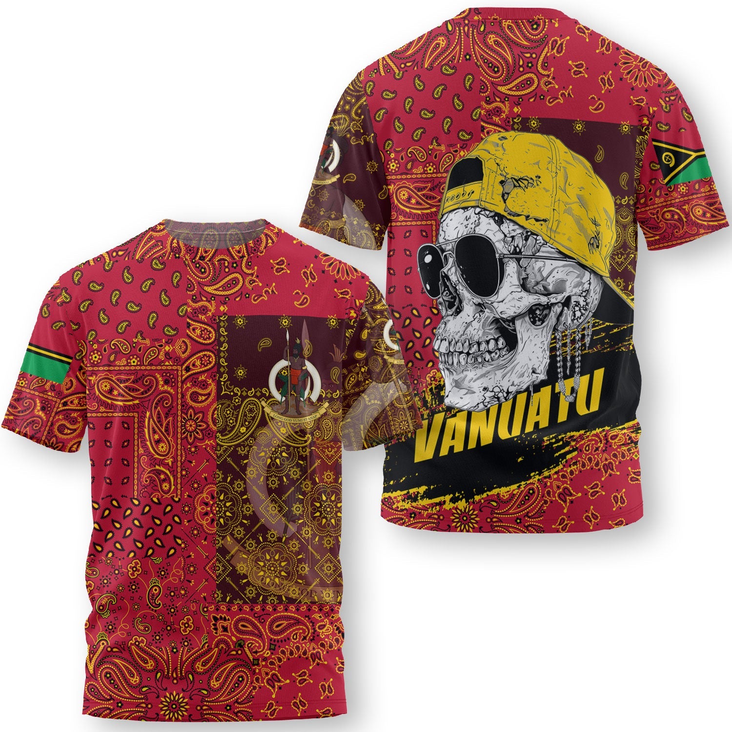 Vanuatu T Shirt Paisley Flag And Skull Style 3