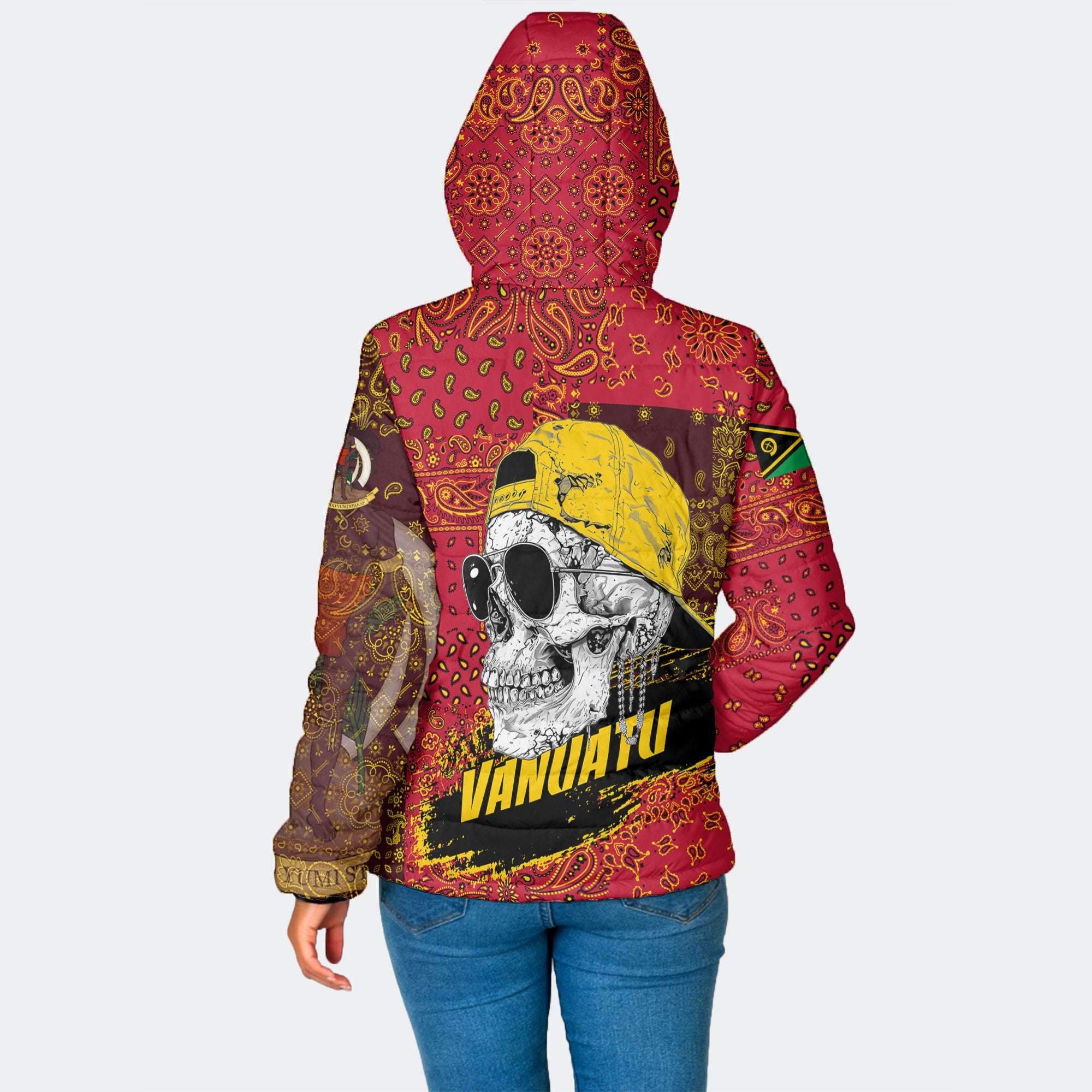 Vanuatu Women Hooded Padded Jacket Paisley Flag And Skull Style 2