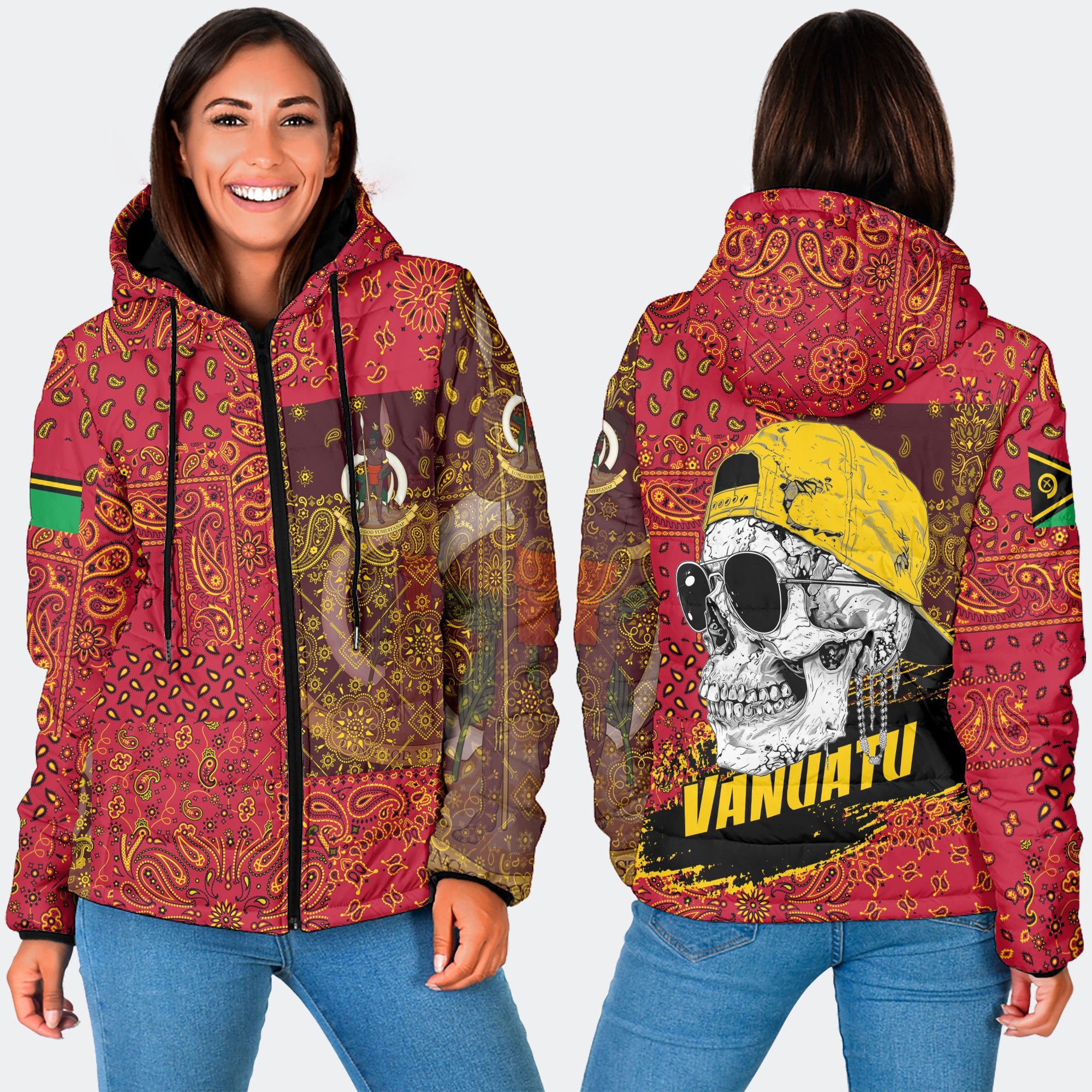 Vanuatu Women Hooded Padded Jacket Paisley Flag And Skull Style 3