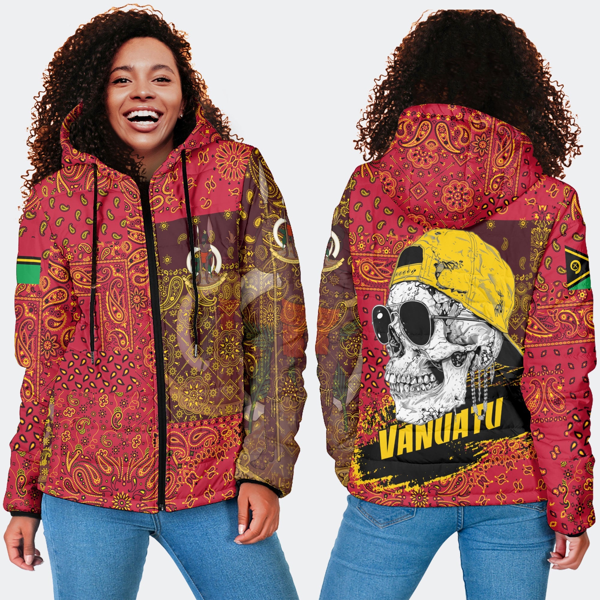 Vanuatu Women Hooded Padded Jacket Paisley Flag And Skull Style 2