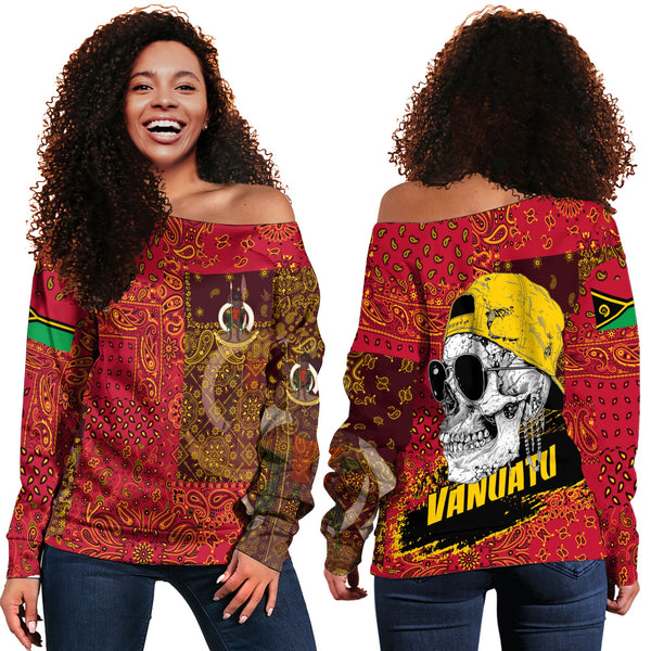 Vanuatu Women Off Shoulder Sweatshirt Paisley Flag And Skull Style 1