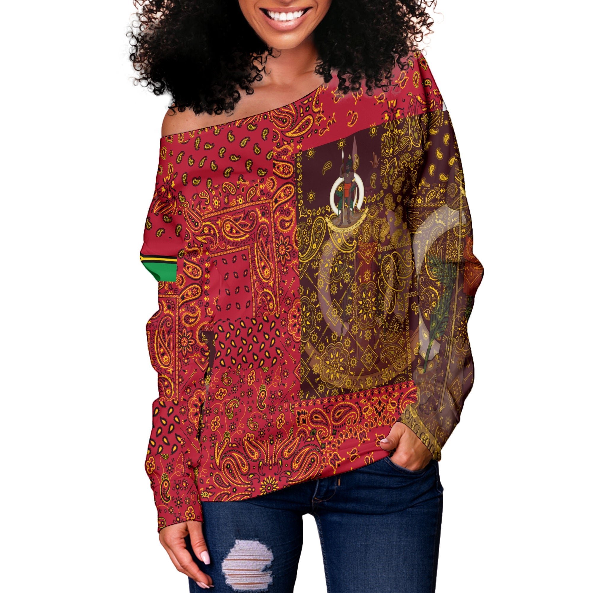 Vanuatu Women Off Shoulder Sweatshirt Paisley Flag And Skull Style 2