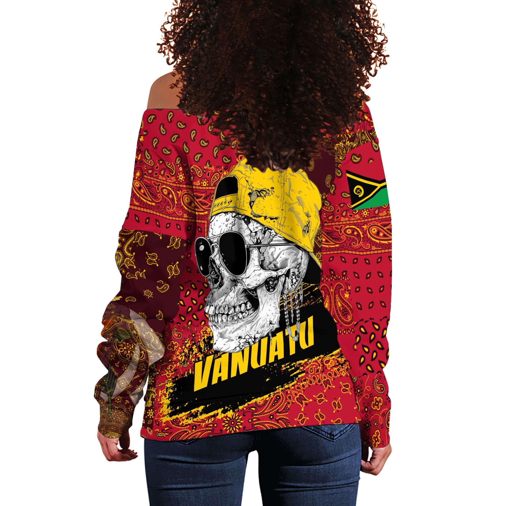 Vanuatu Women Off Shoulder Sweatshirt Paisley Flag And Skull Style 3