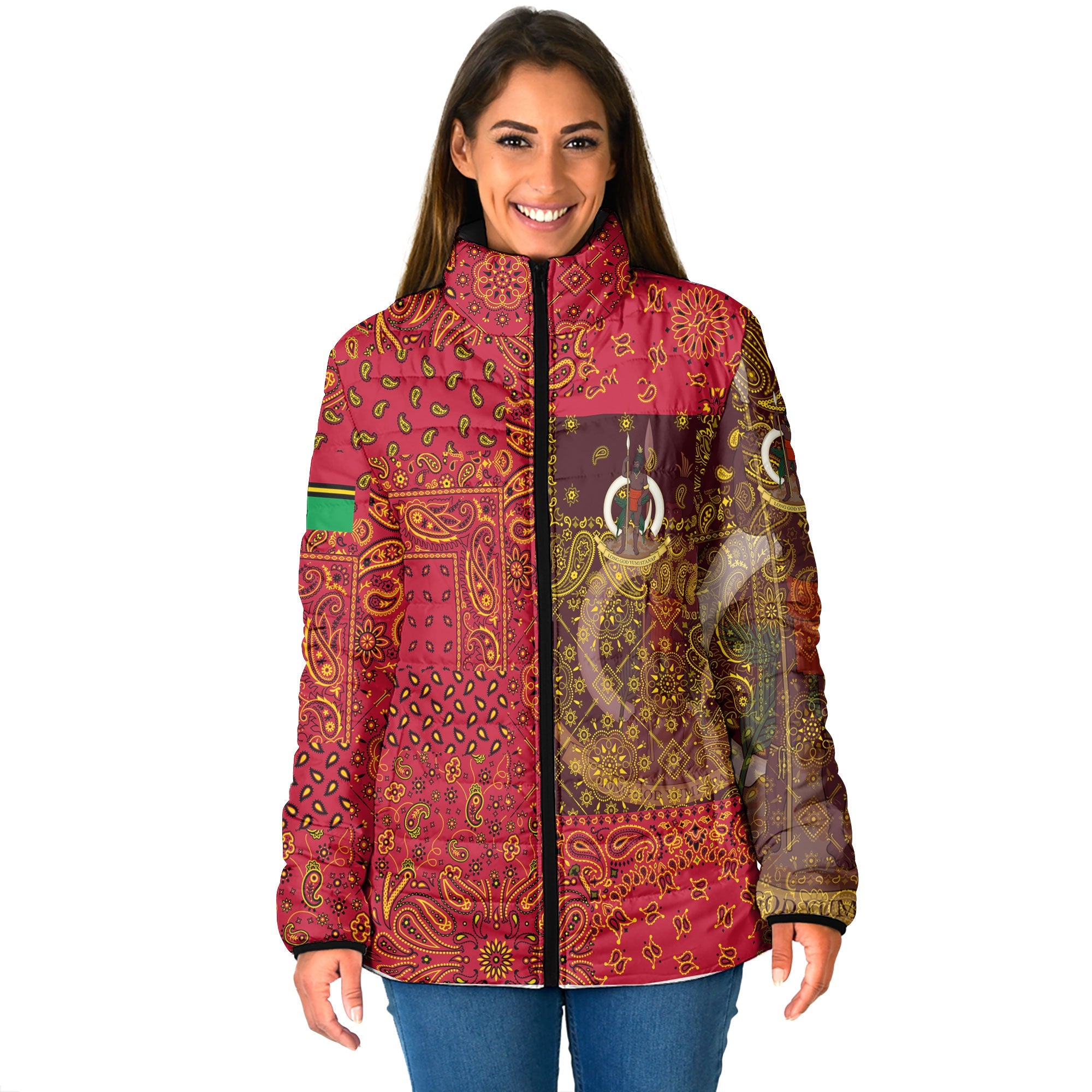 Vanuatu Women Padded Jacket Paisley Flag And Skull Style 1