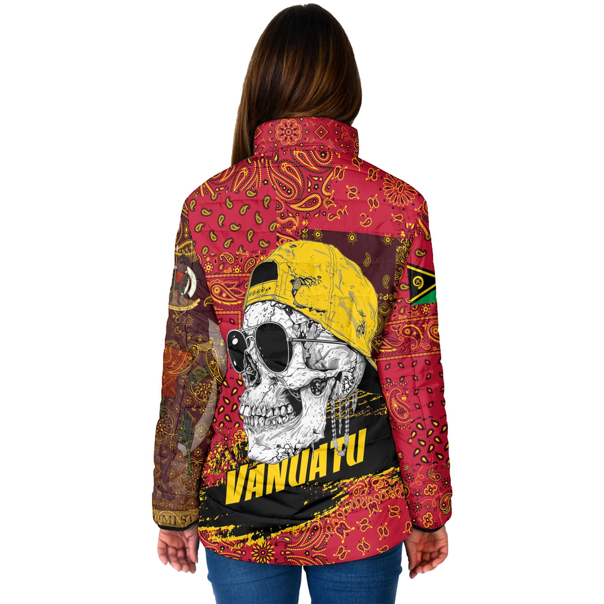 Vanuatu Women Padded Jacket Paisley Flag And Skull Style 2