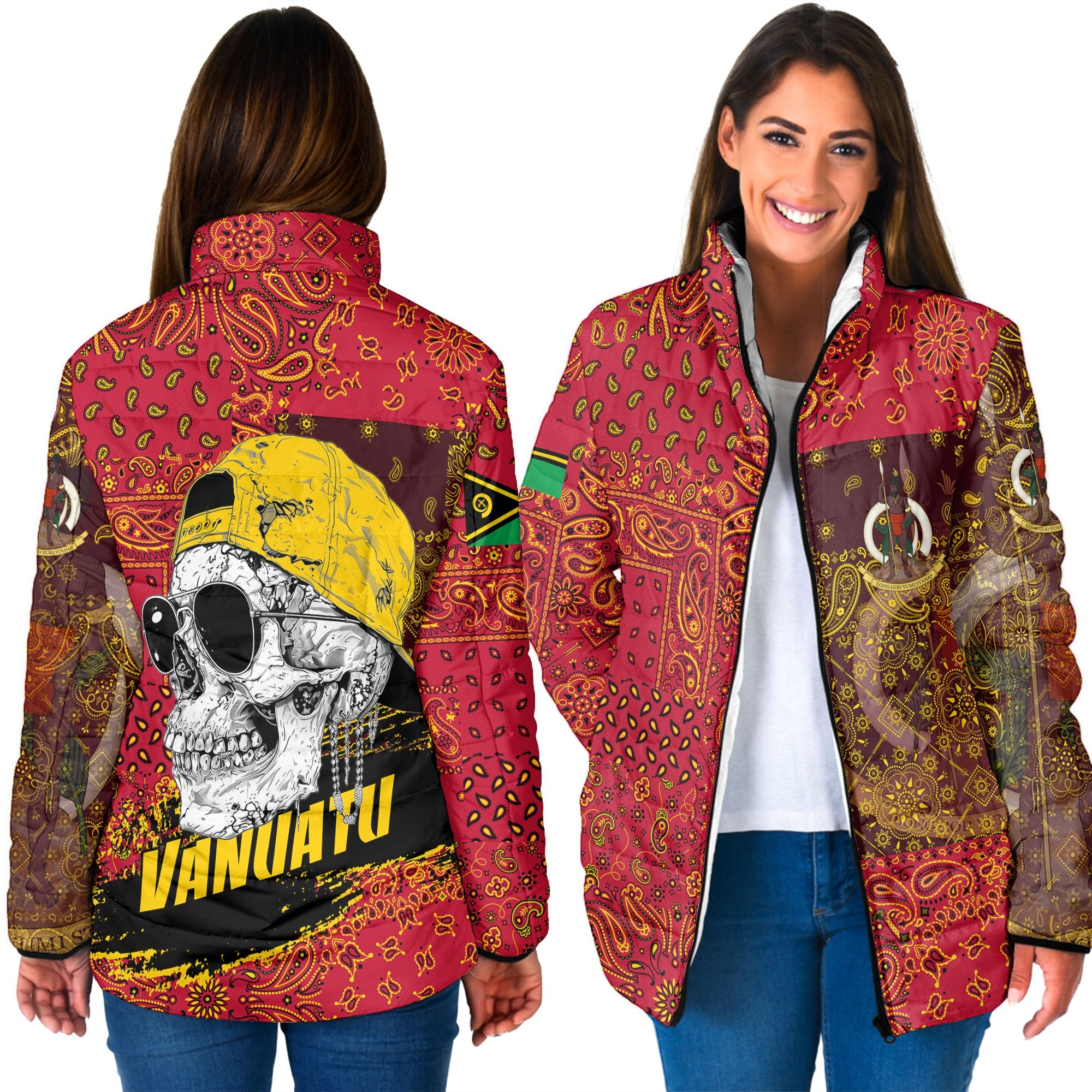 Vanuatu Women Padded Jacket Paisley Flag And Skull Style 3