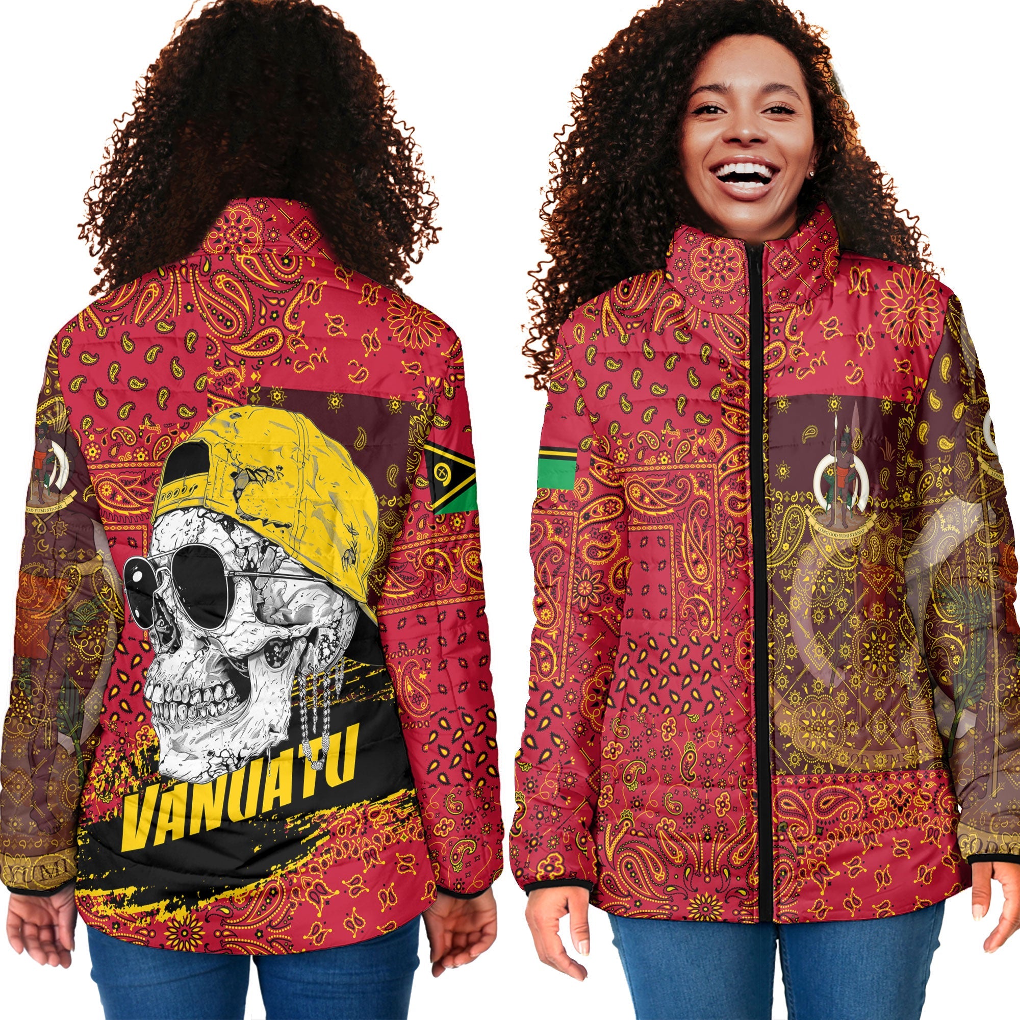 Vanuatu Women Padded Jacket Paisley Flag And Skull Style 4