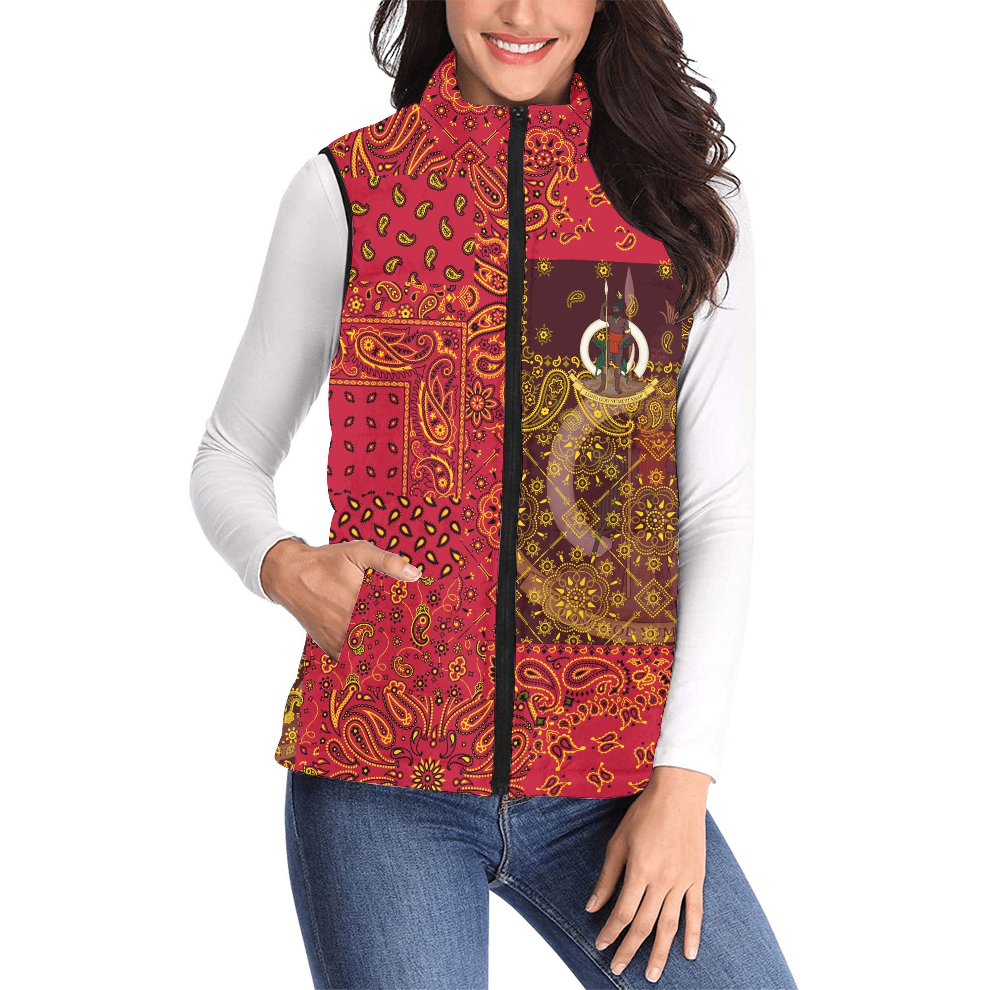 Vanuatu Women Padded Jacket Vest Paisley Flag And Skull Style 1