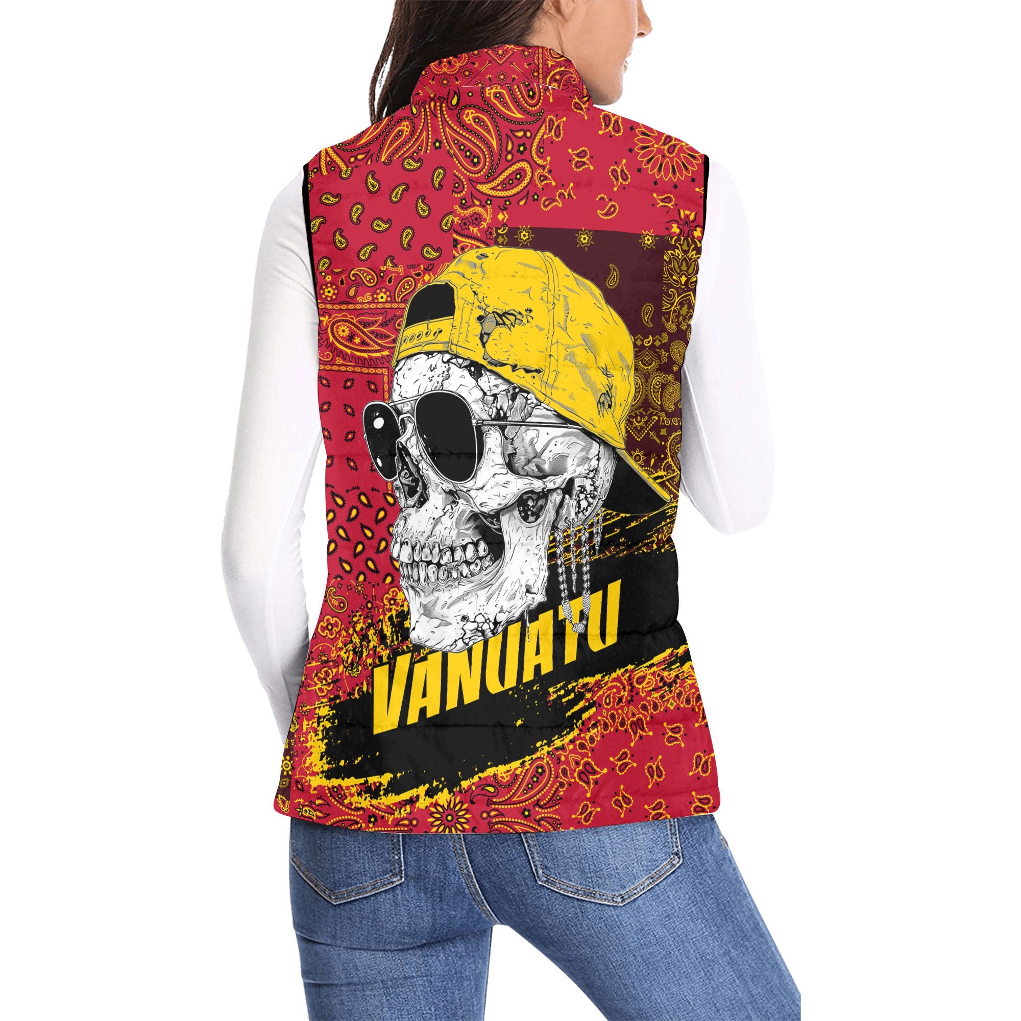 Vanuatu Women Padded Jacket Vest Paisley Flag And Skull Style 2