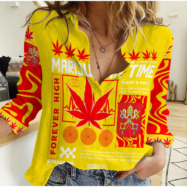 Vatican City Women Casual Shirt Flag & Coat Of Arms Marijuanas Style