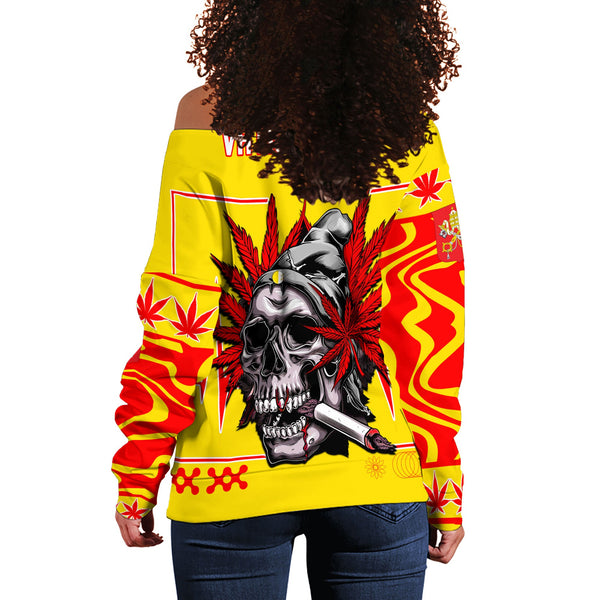 Vatican City Women Off Shoulder Sweatshirt Flag & Coat Of Arms Marijuanas Style