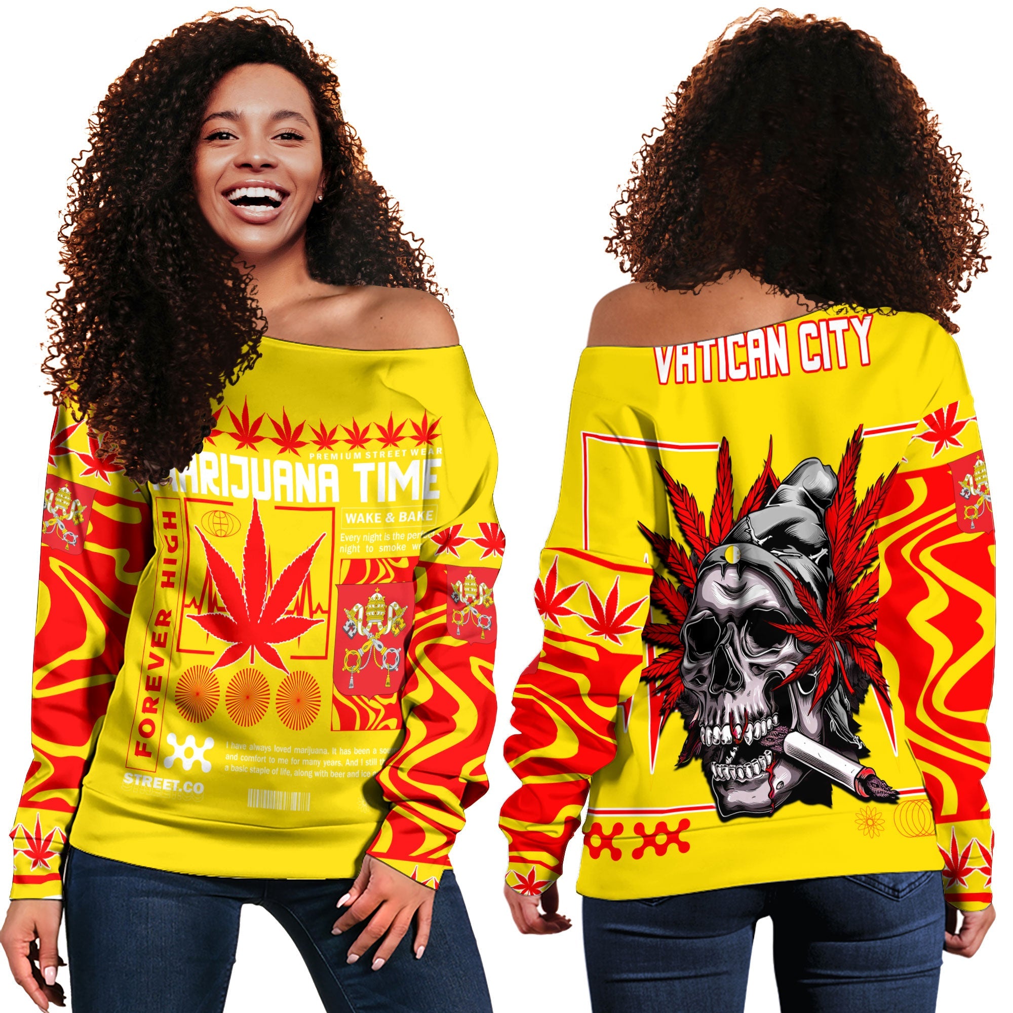 Vatican City Women Off Shoulder Sweatshirt Flag & Coat Of Arms Marijuanas Style