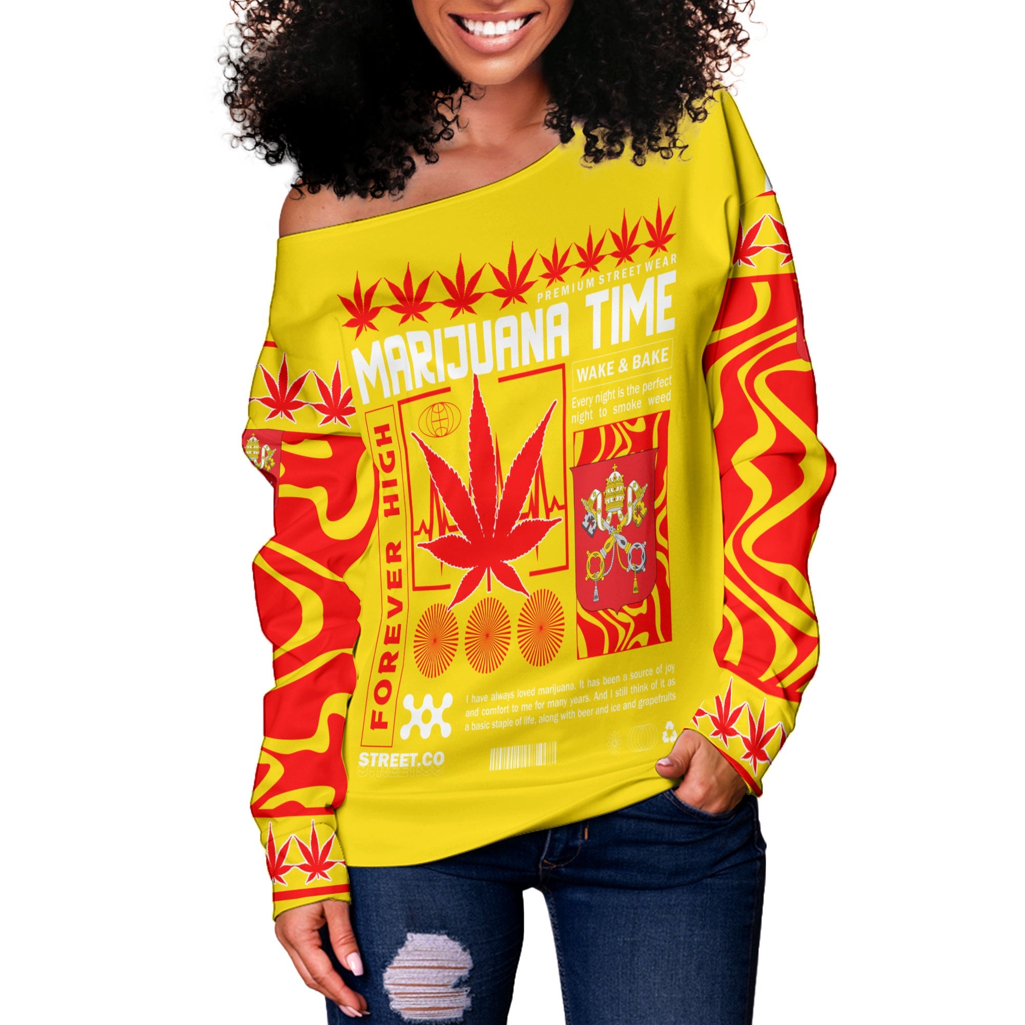 Vatican City Women Off Shoulder Sweatshirt Flag & Coat Of Arms Marijuanas Style