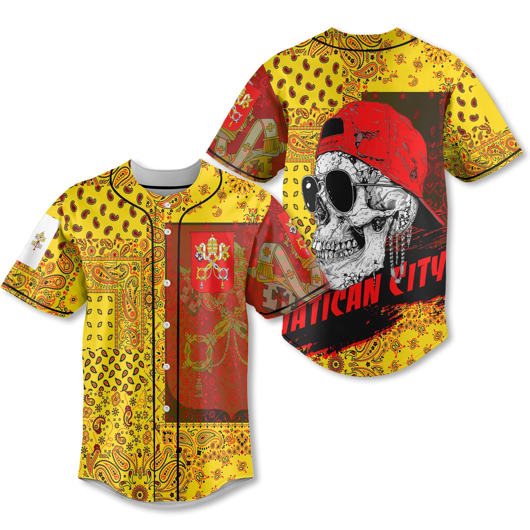 Vatican City Baseball Jersey Paisley Flag And Skull Style 1