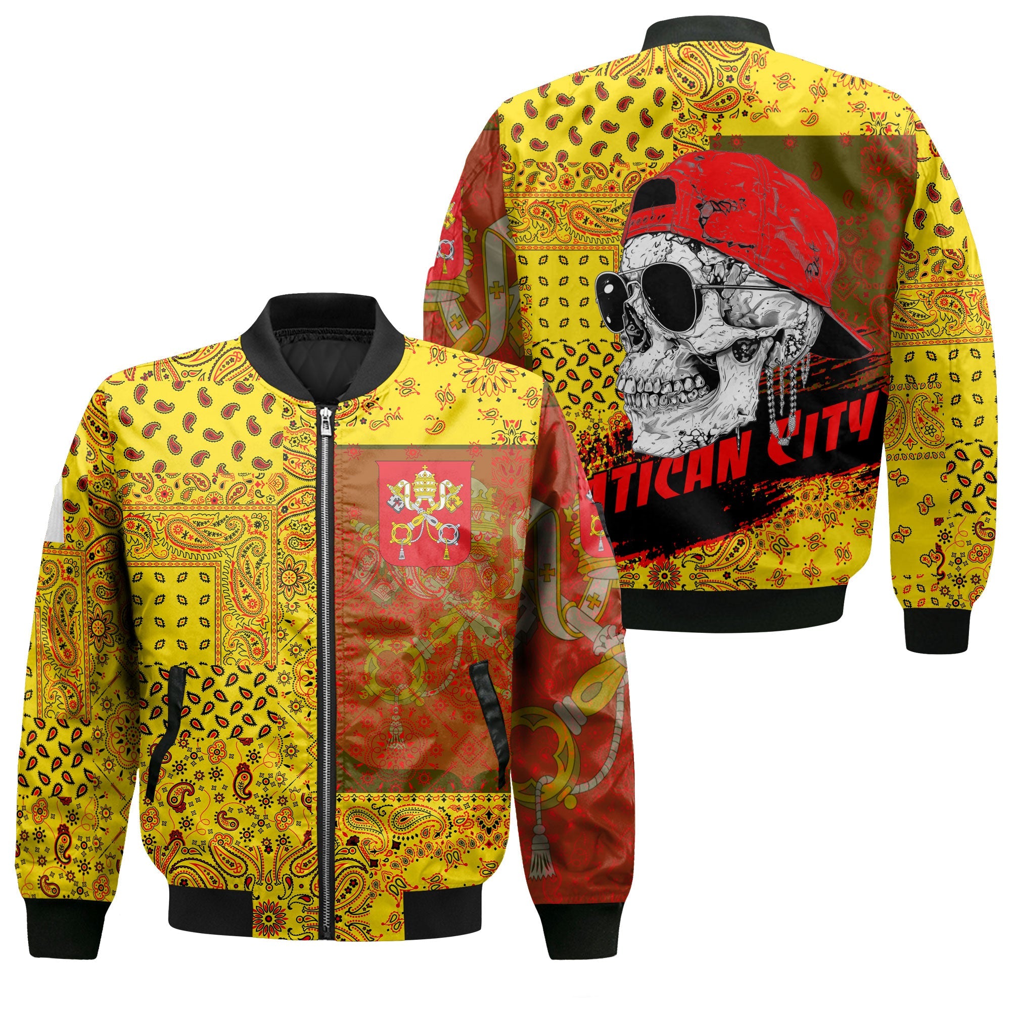 Vatican City Bomber Jacket Paisley Flag And Skull Style 1