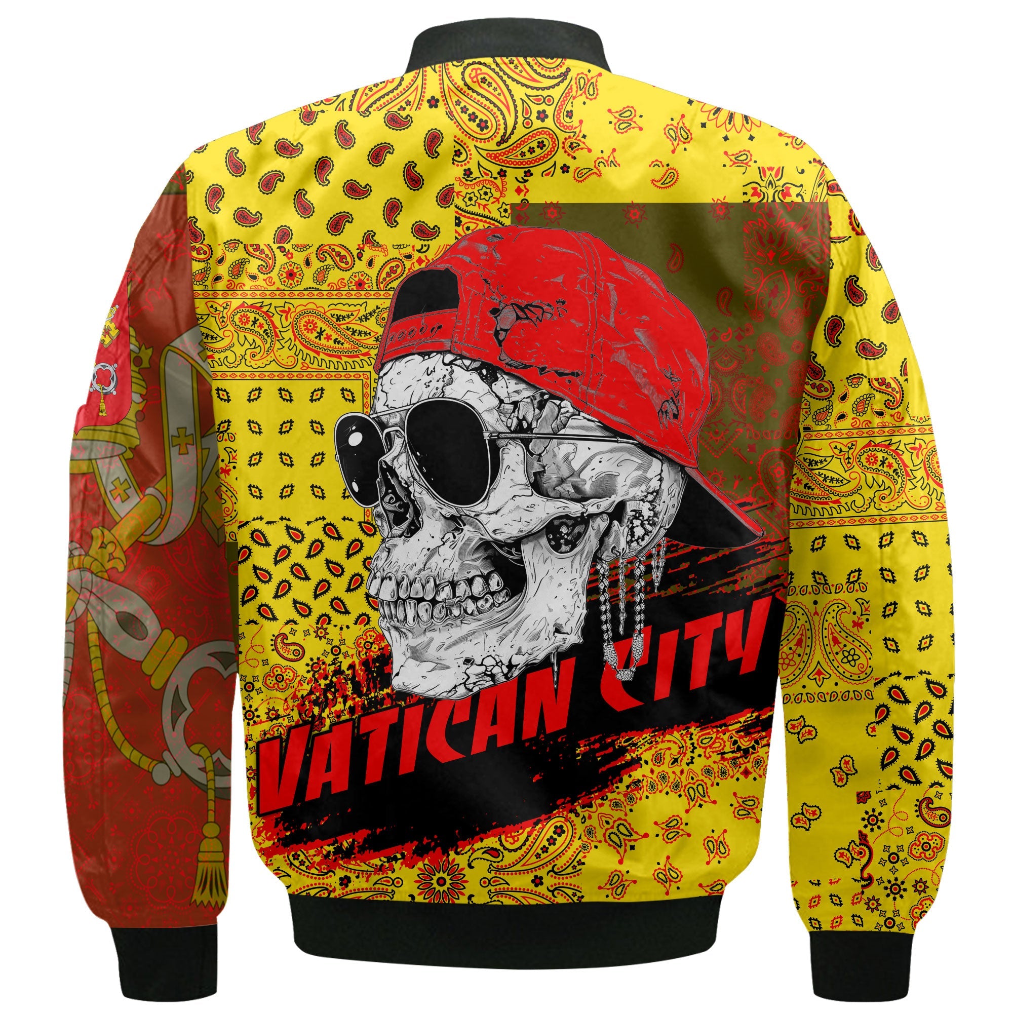 Vatican City Bomber Jacket Paisley Flag And Skull Style 3