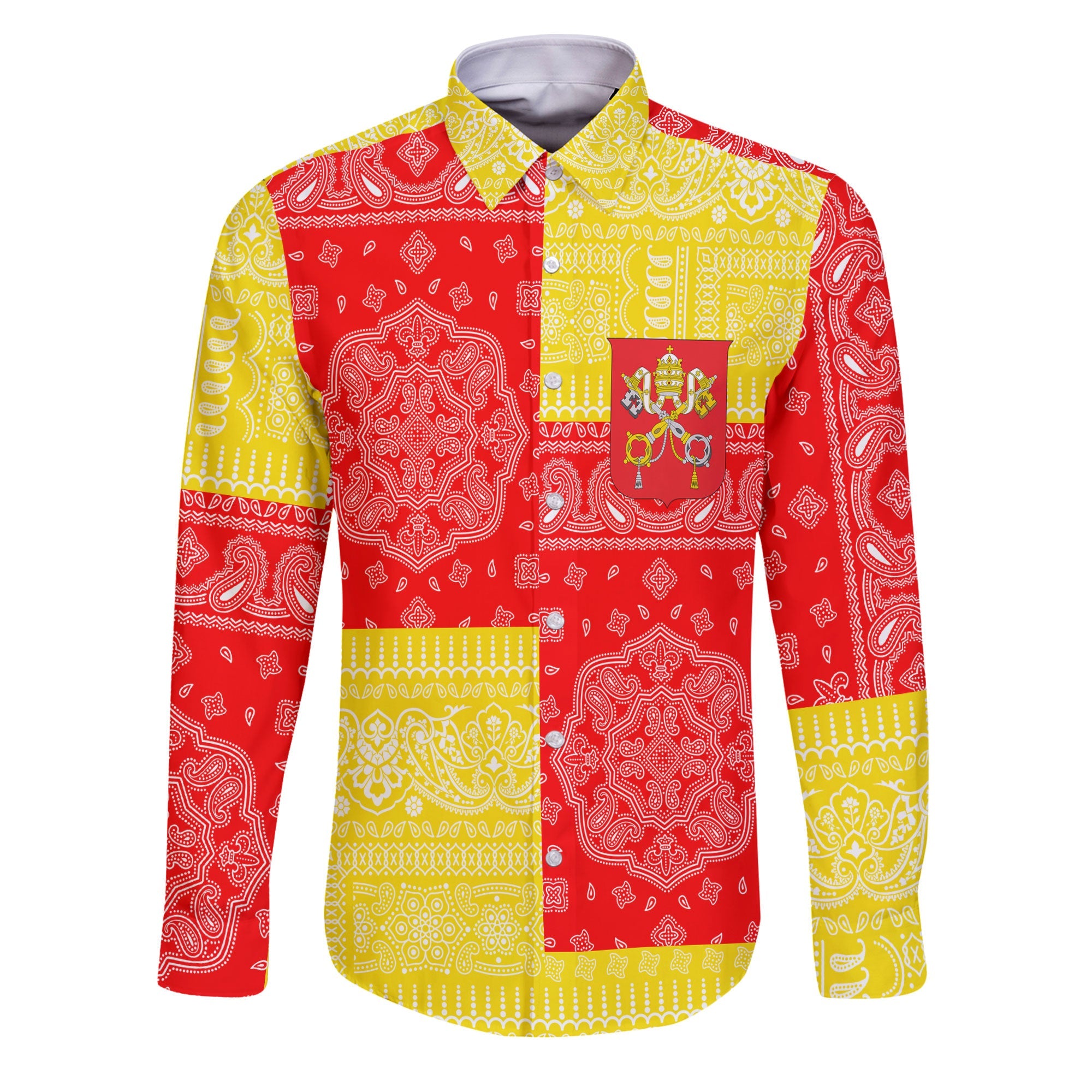 Vatican City Long Sleeve Button Shirt Flag And Paisley Basic Style 1