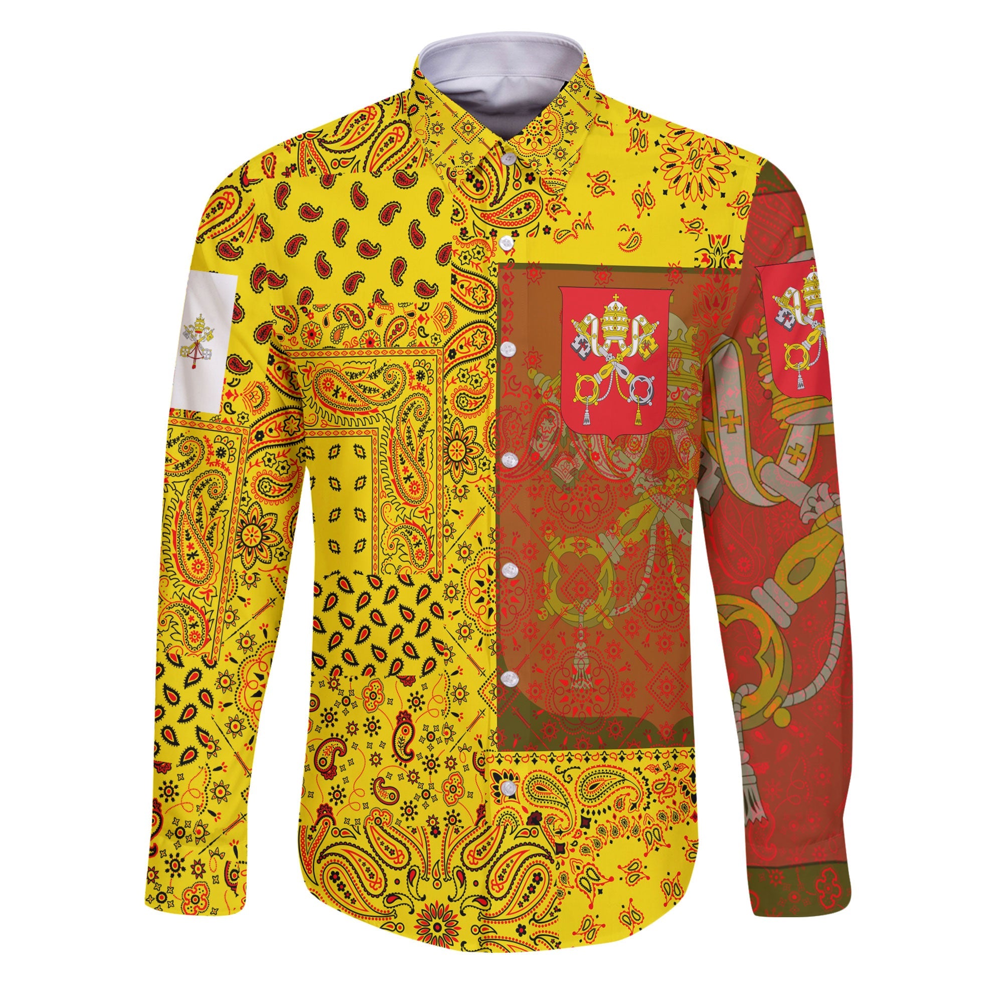 Vatican City Long Sleeve Button Shirt Paisley Flag And Skull Style 1